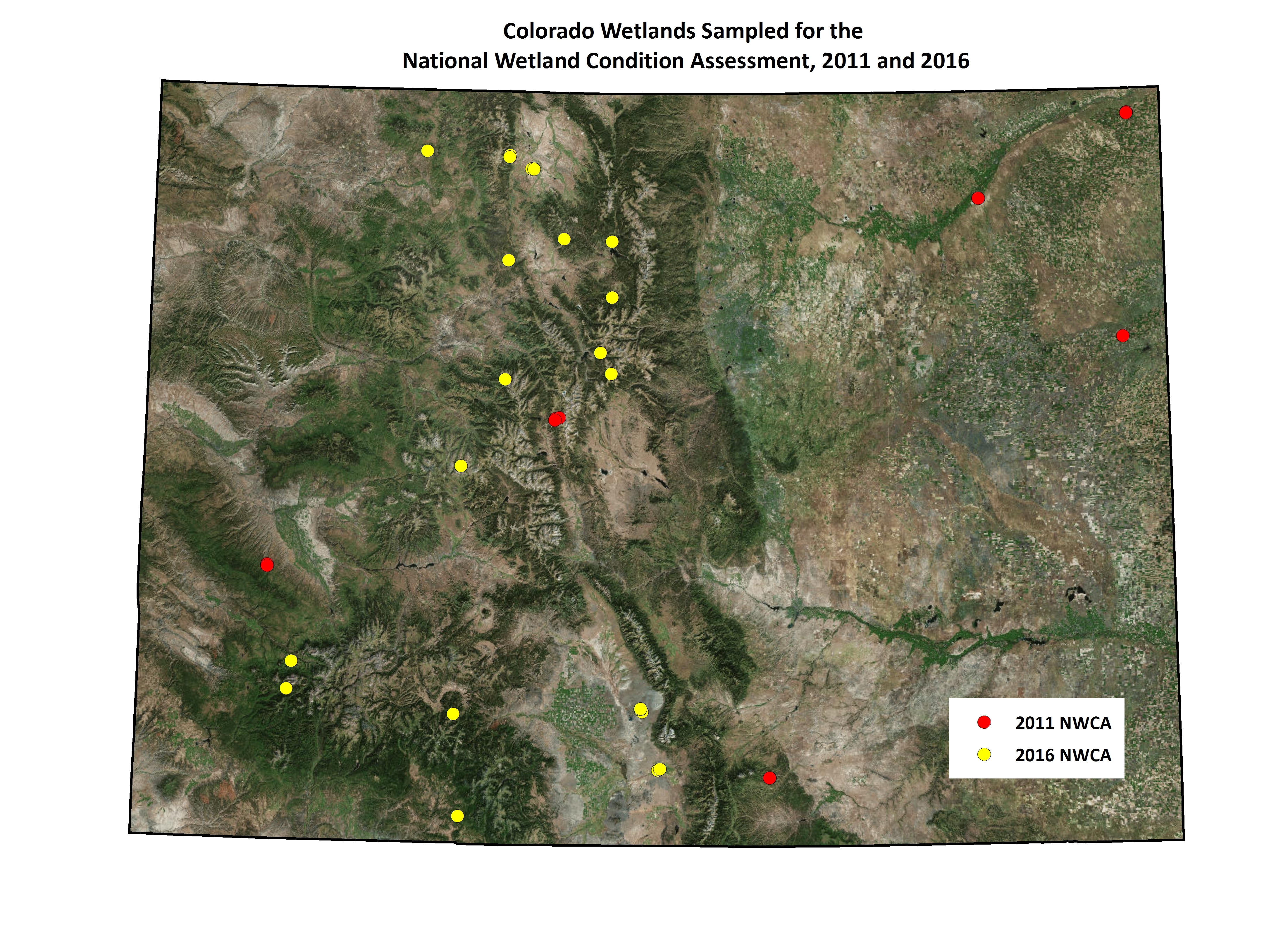 Map of wetlands sampled in Colorado for the National Wetland Condition Assessment, 2011 and 2016. Points may represent more than one sampled wetland site.