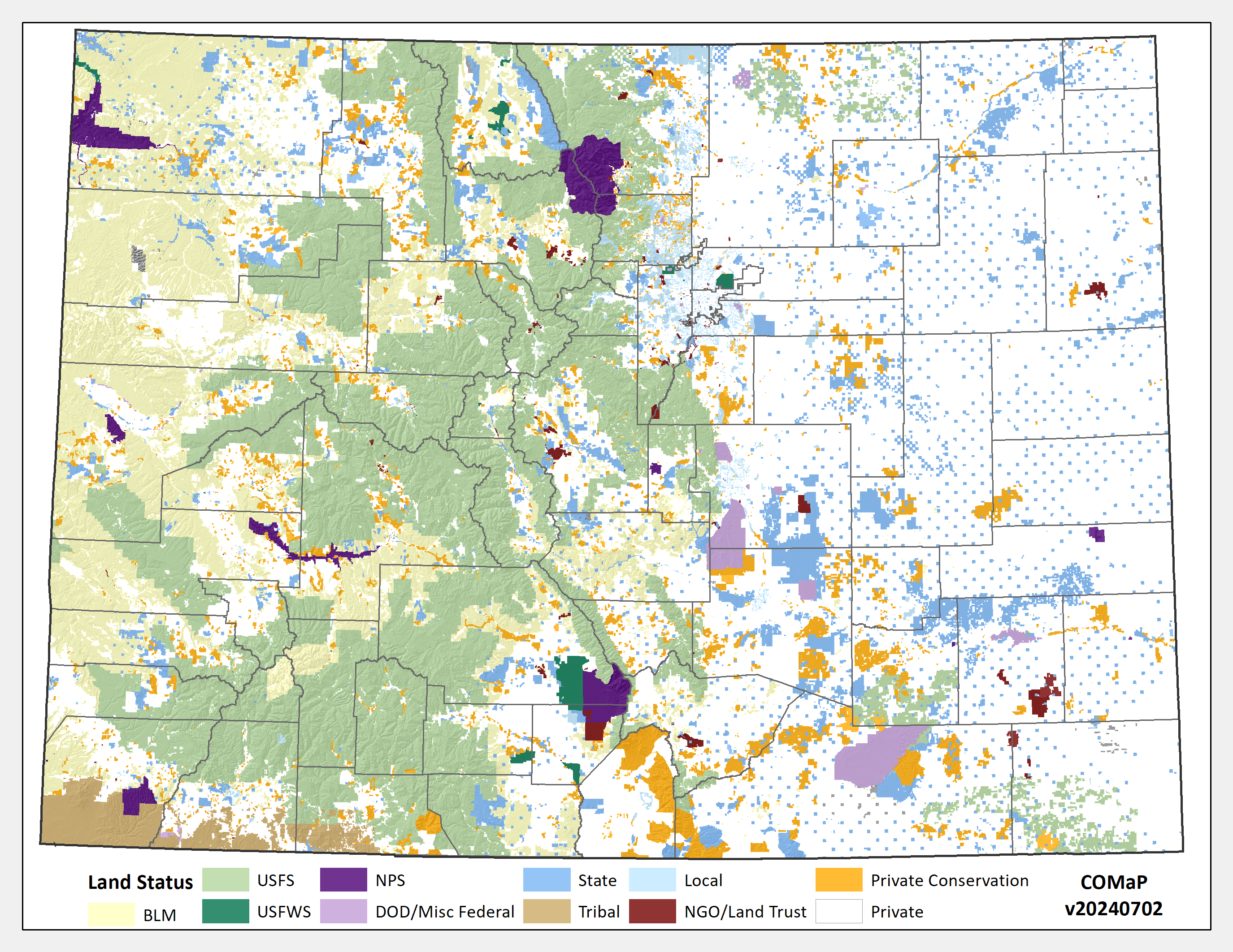 Colorado Ownership, Management and Protection map by land status.