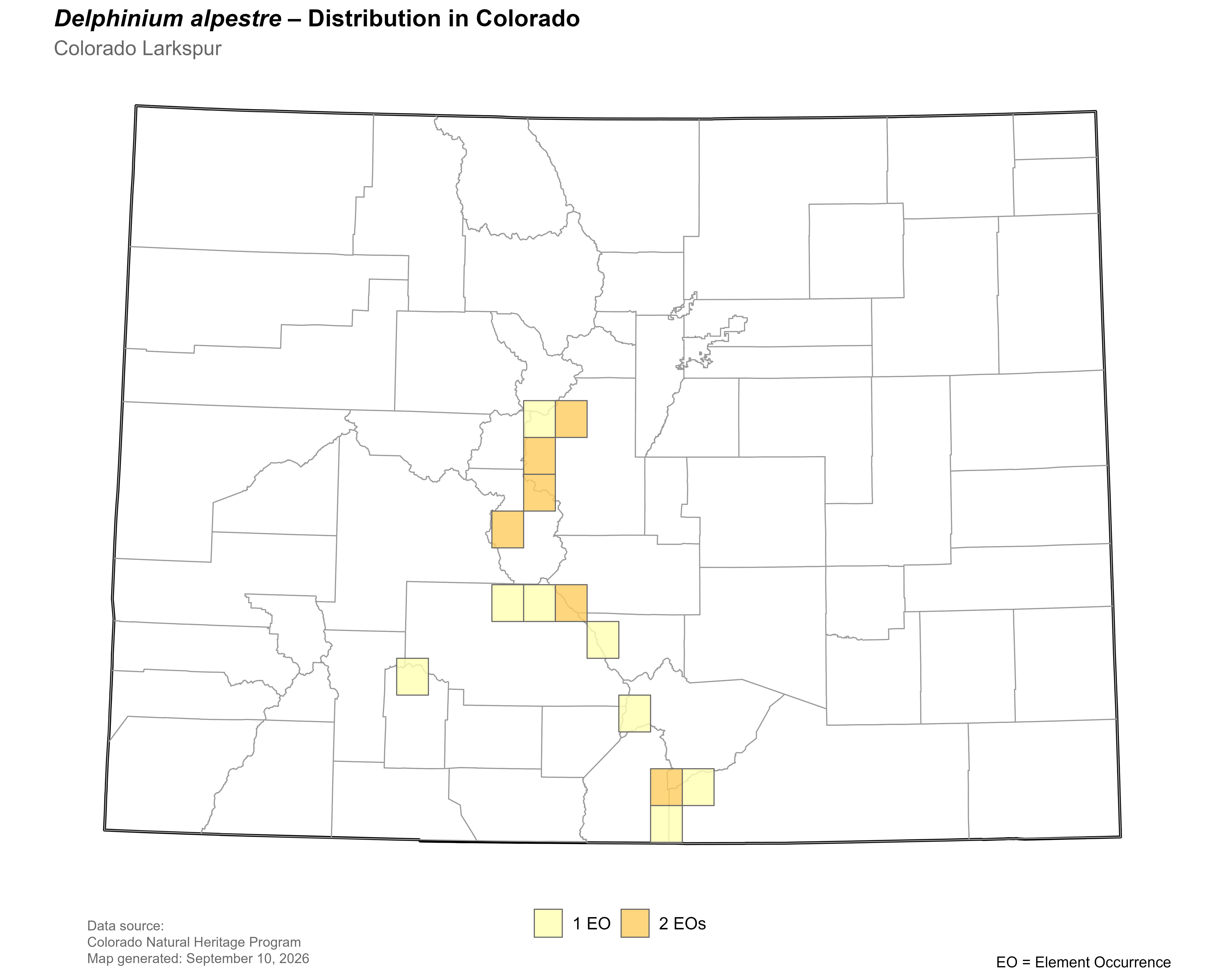Distribution of <i>Delphinium ramosum</i> var. <i>alpestre</i> in Colorado
