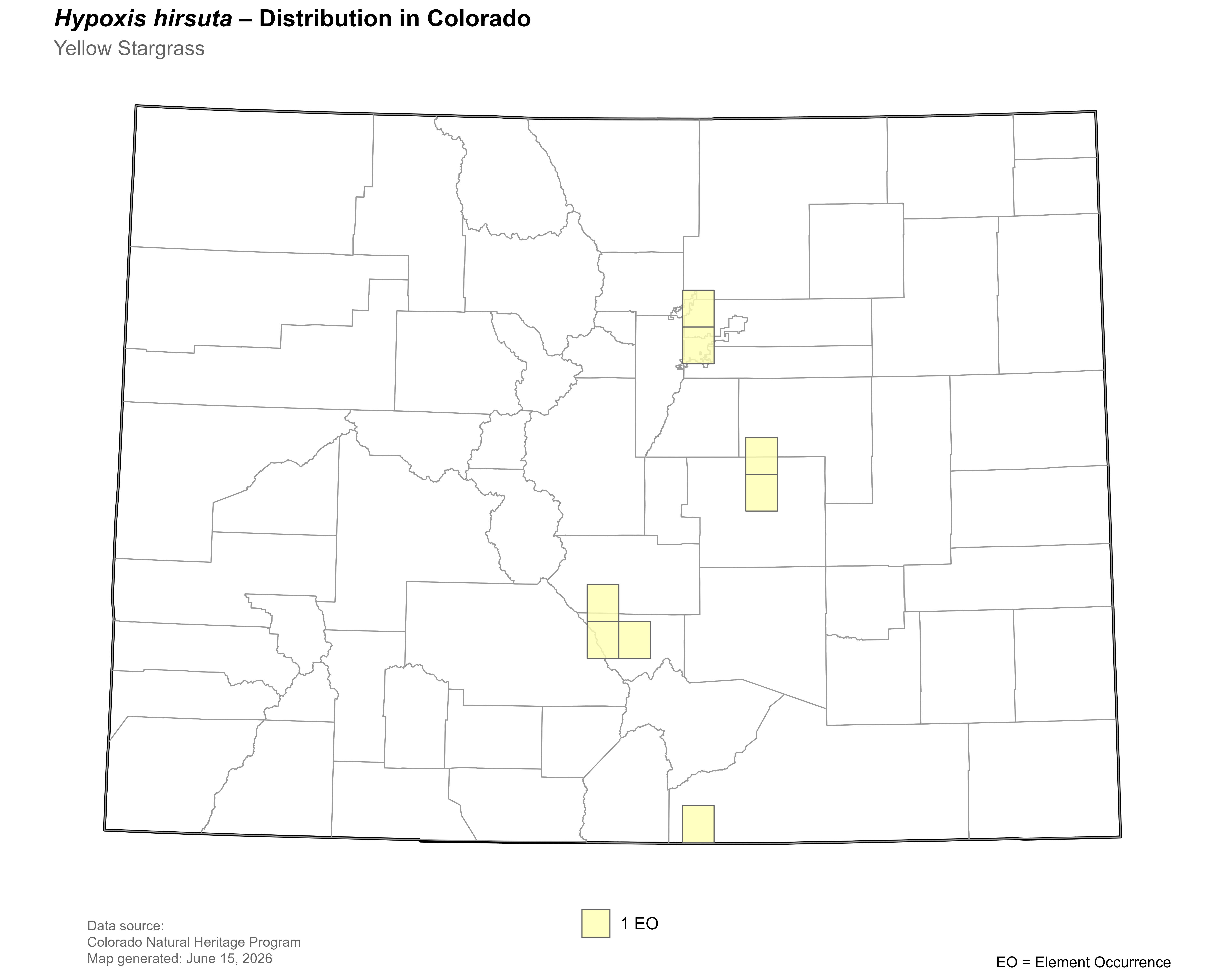 Distribution of <i>Hypoxis hirsuta</i> in Colorado.