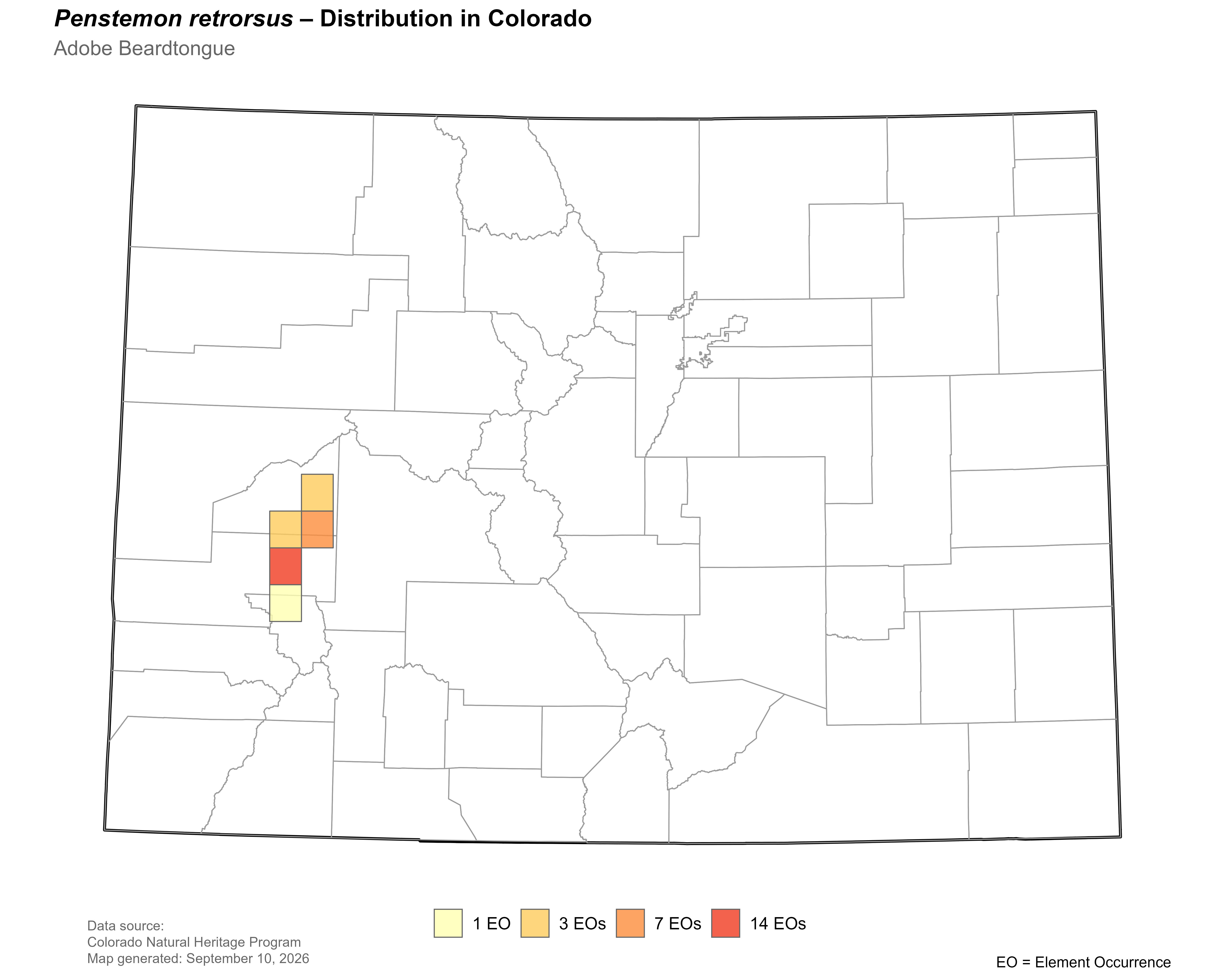 Distribution of <i>Penstemon retrorsus </i>in Colorado.