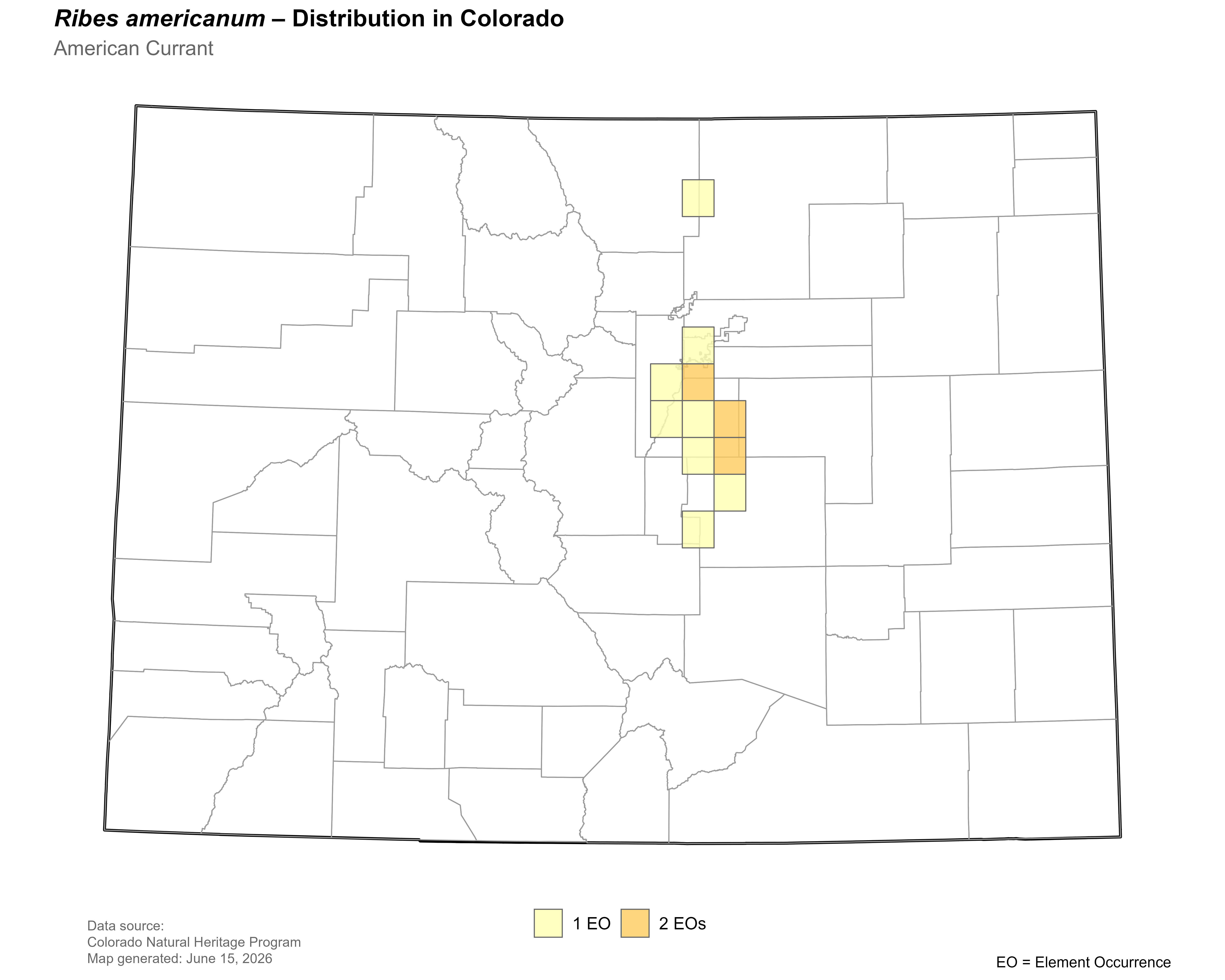 Distribution of <i>Ribes americanum</i> in Colorado.