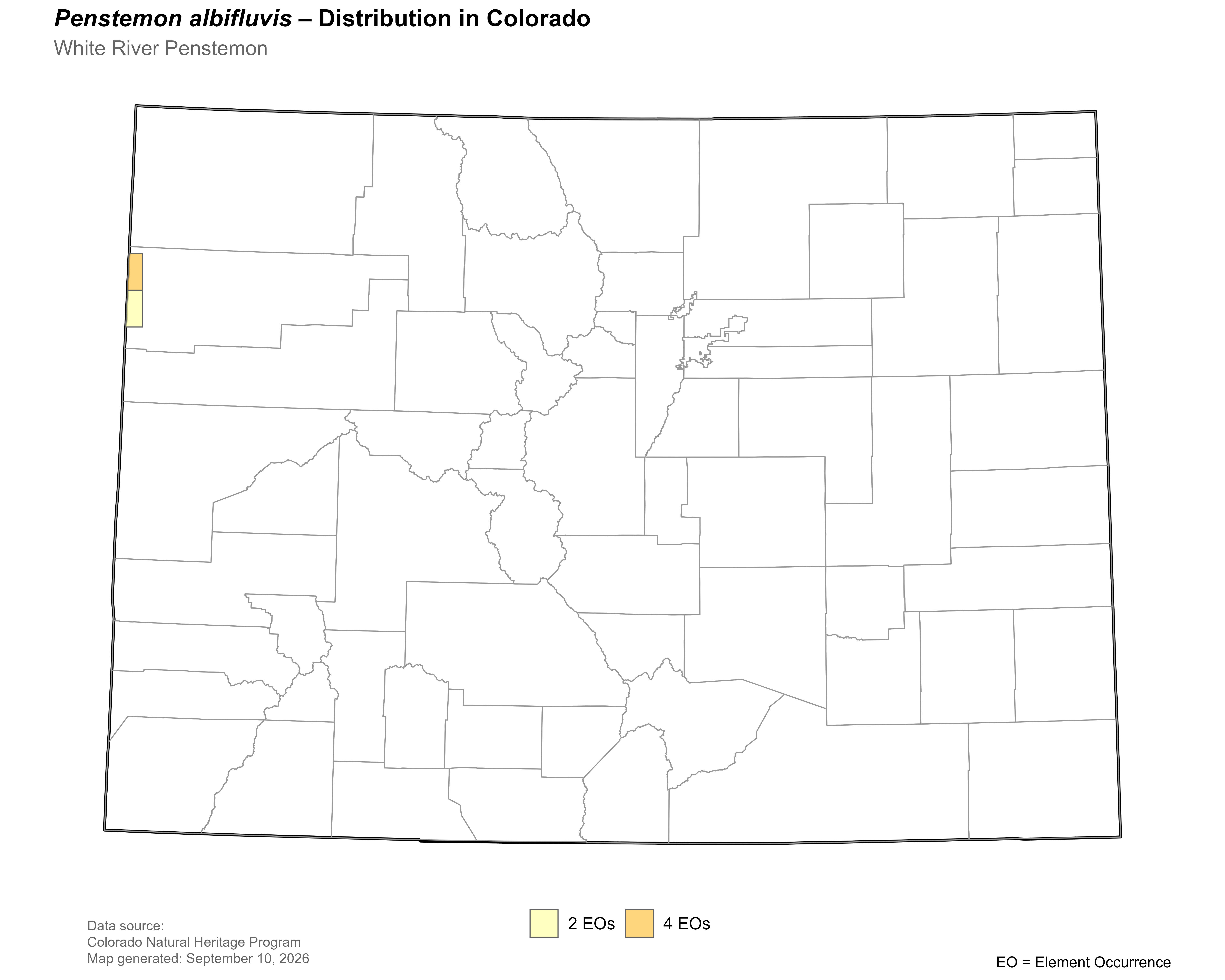 Distribution of <i>Penstemon scariosus</i> var. <i>albifluvus</i> in Colorado.