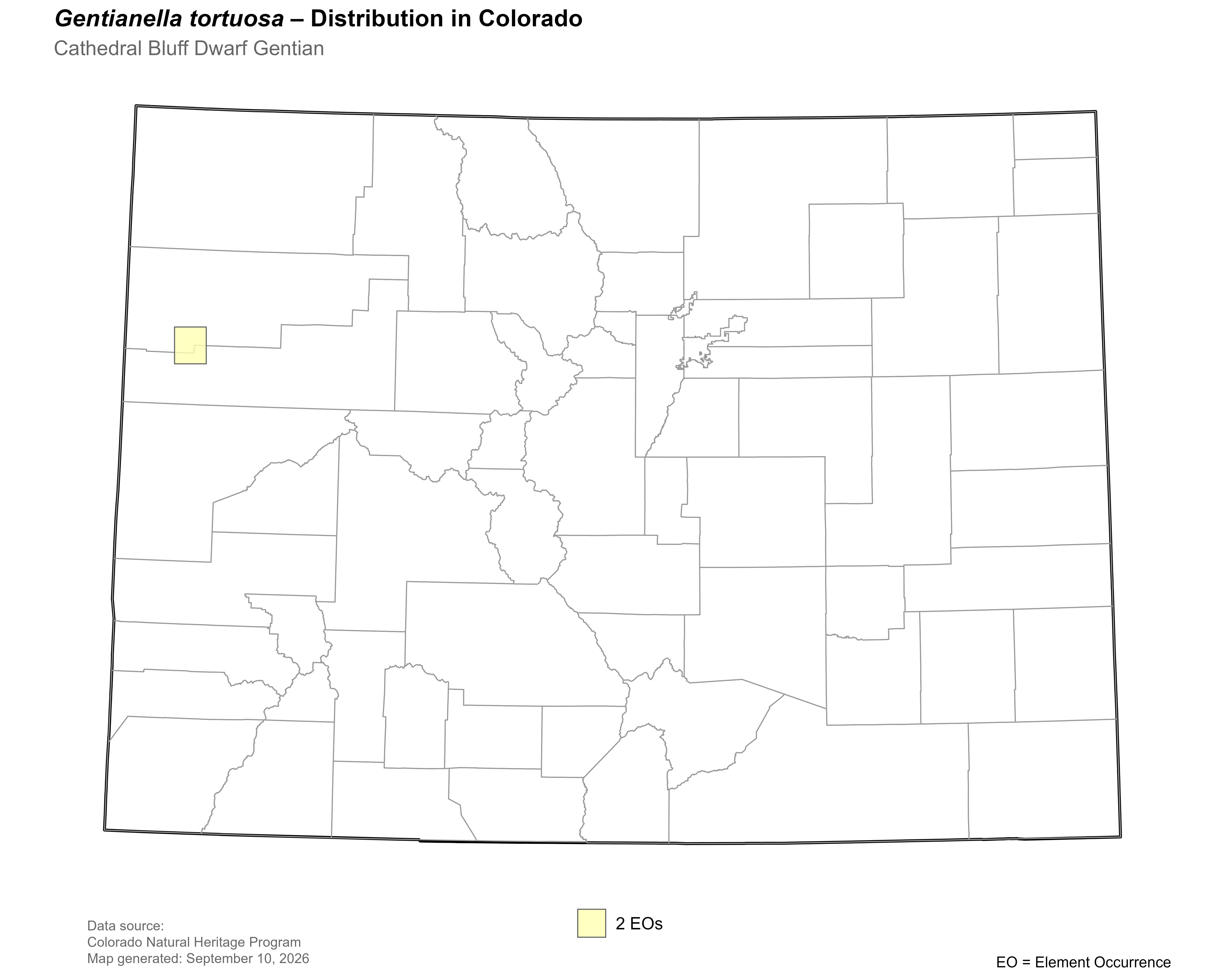 Distribution of <i>Gentianella</i> <i>tortuosa</i> in Colorado.