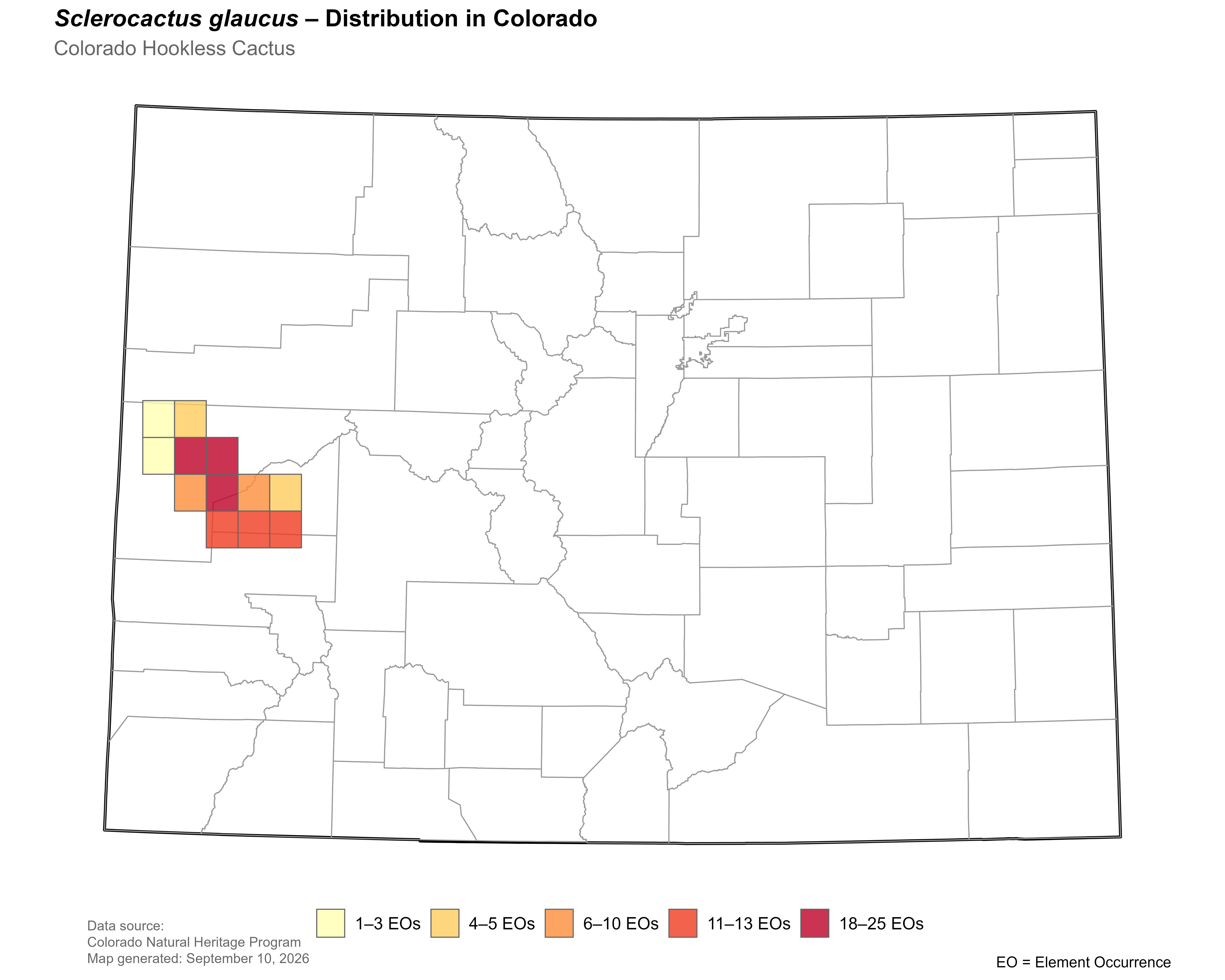 Distribution of <i>Sclerocactus glaucus</i> in Colorado.