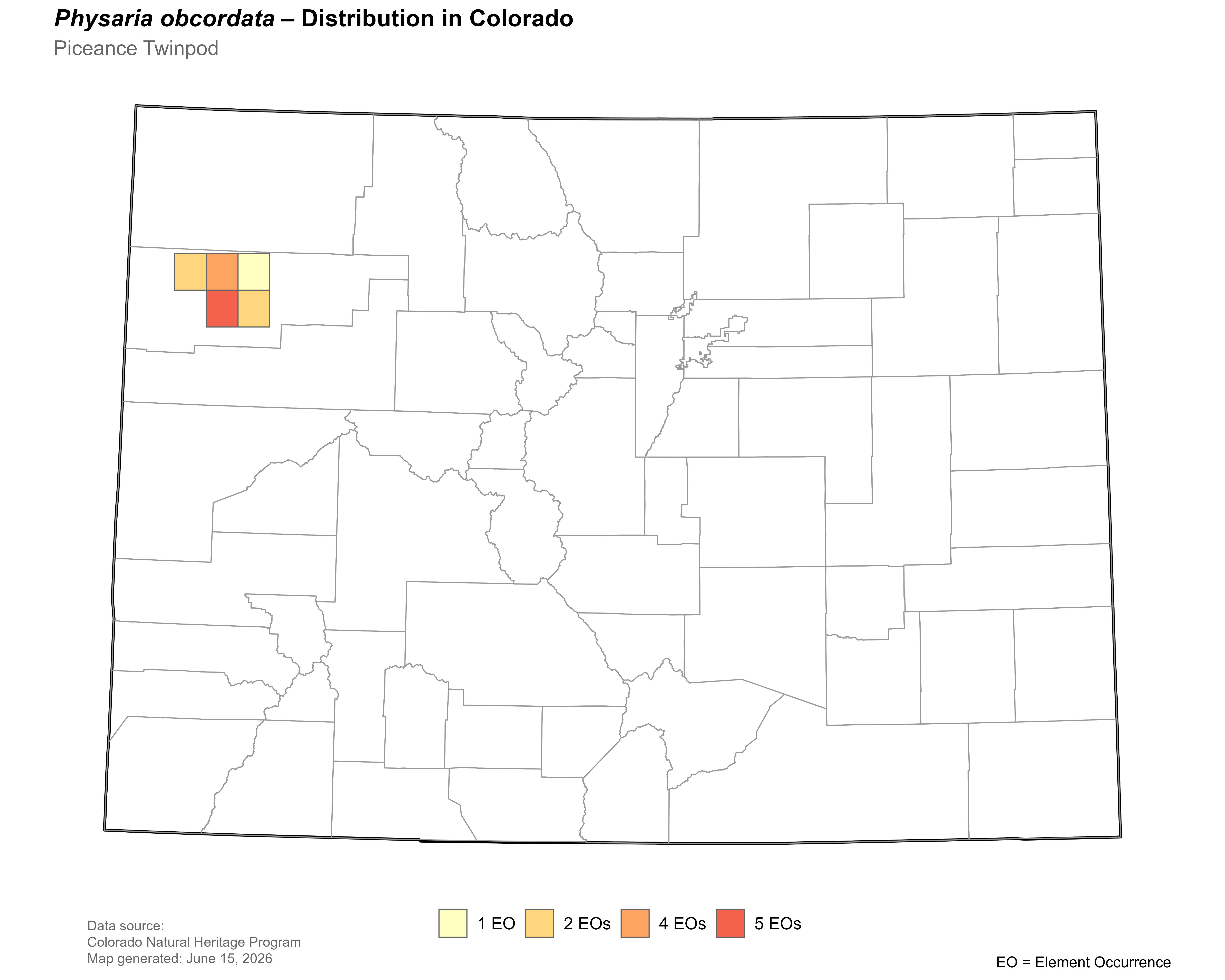 Distribution of <i>Physaria obcordata</i> in Colorado.