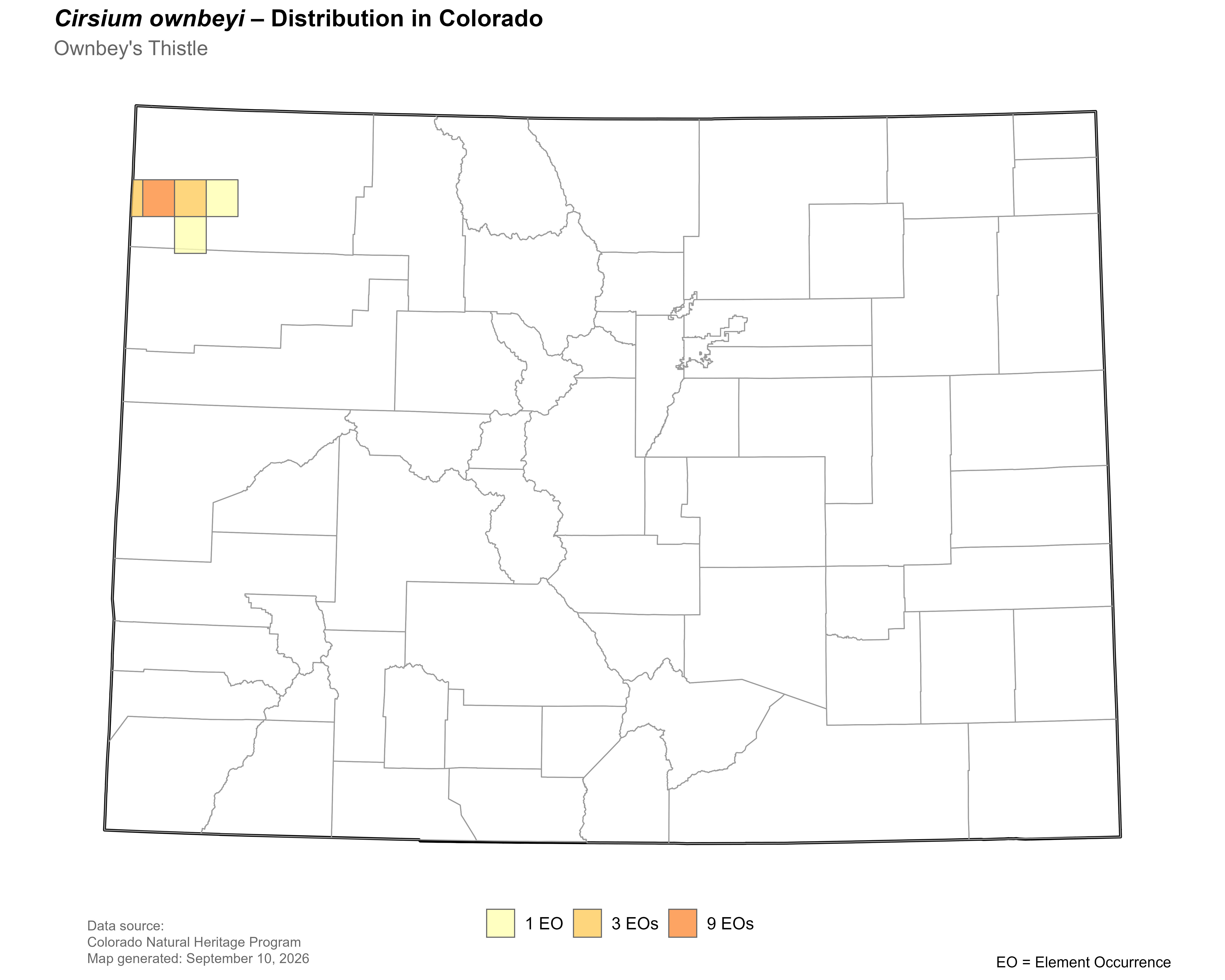 Distribution of <i>Cirsium</i> <i>ownbeyi</i> in Colorado.