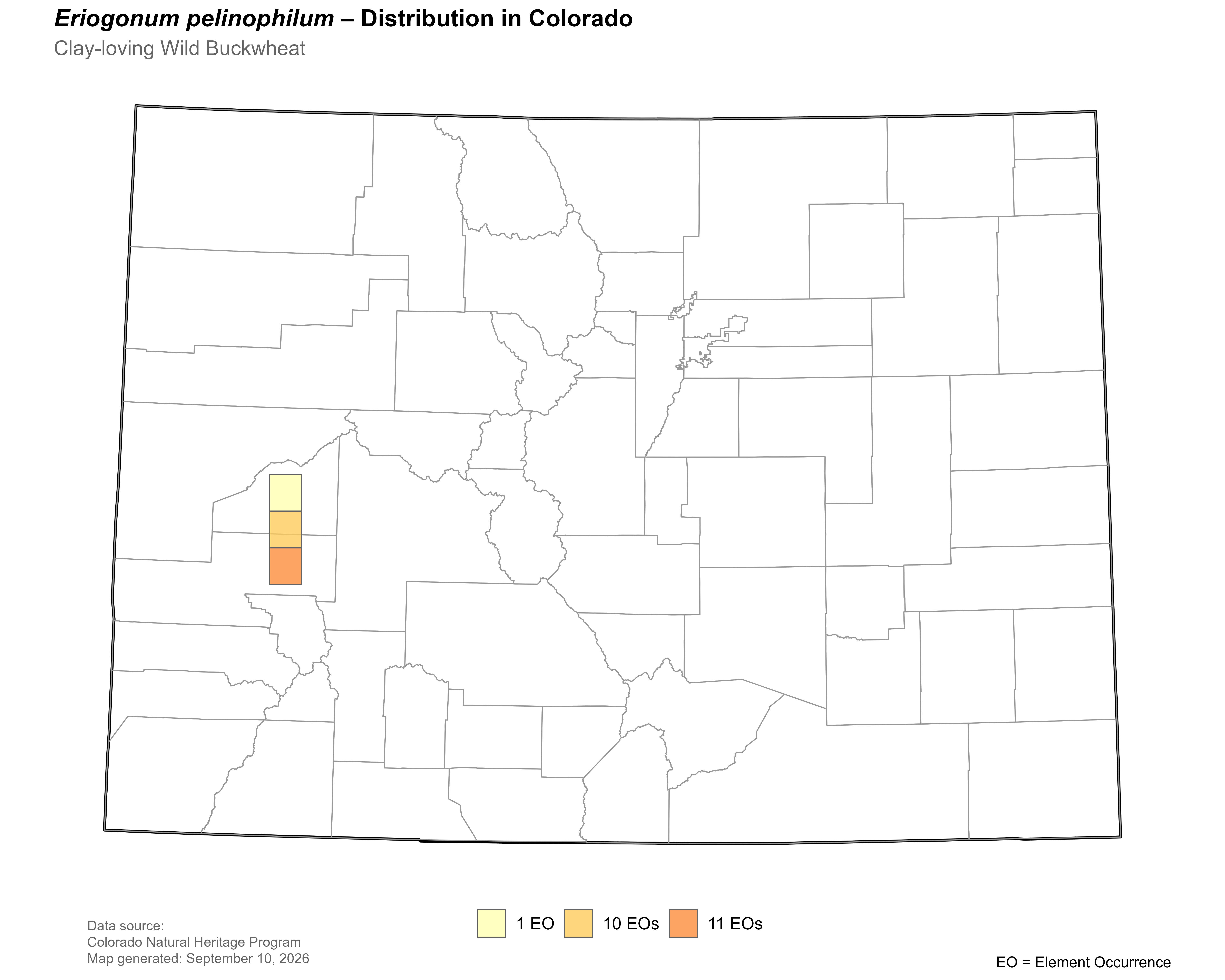 Distribution of <i>Eriogonum pelinophilum</i> in Colorado.