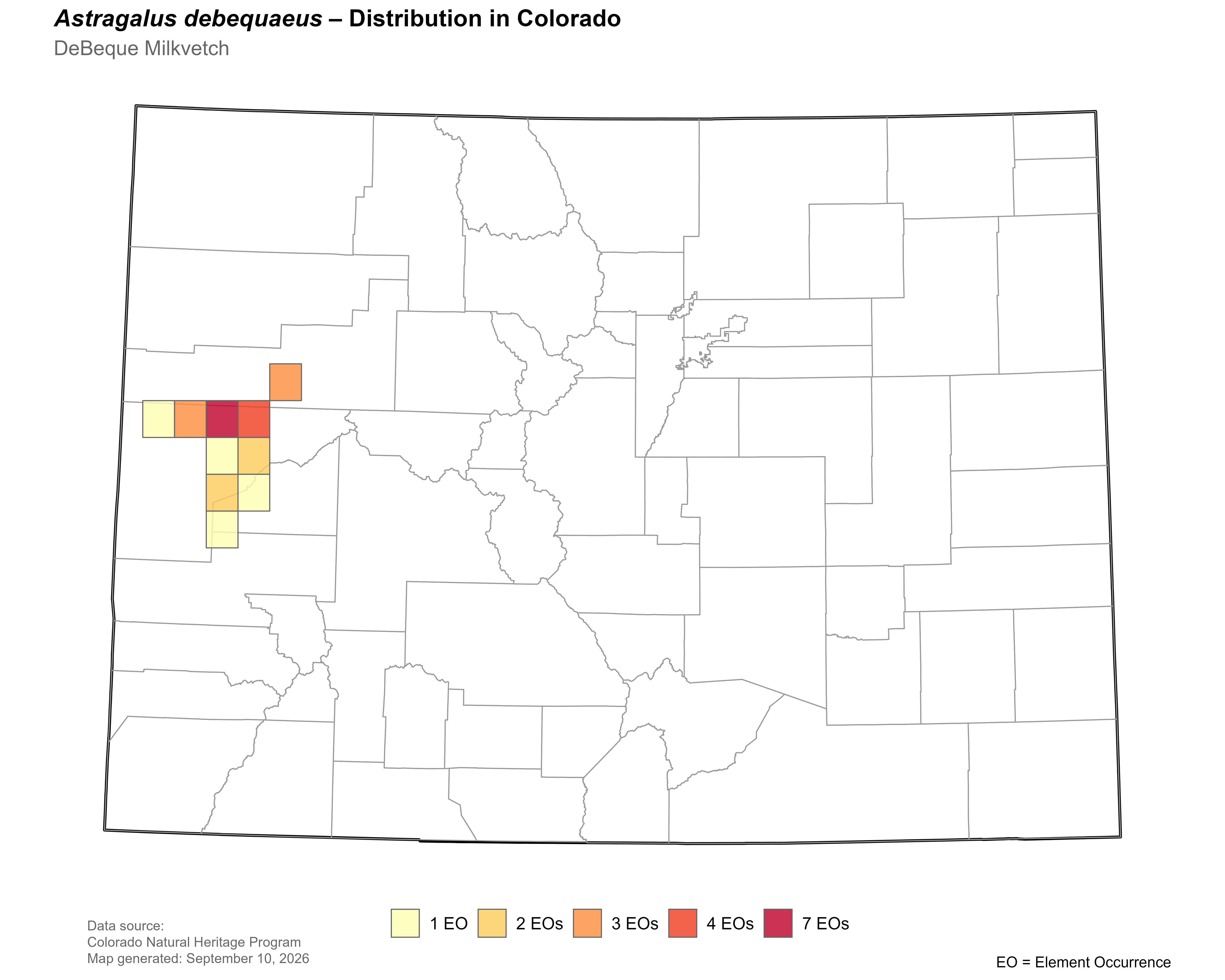 Distribution of <i>Astragalus debequaeus</i> in Colorado.