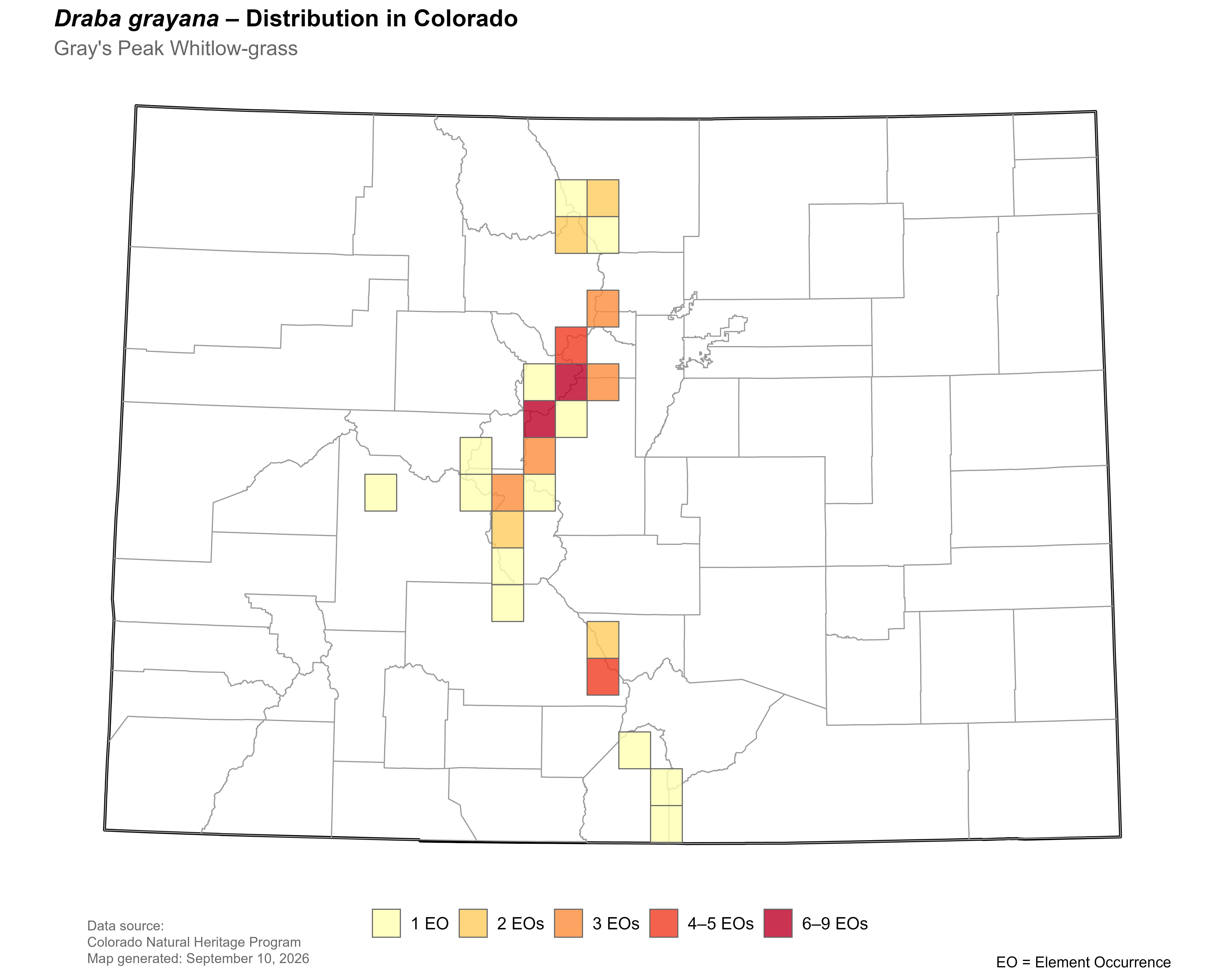 Distribution of <i>Draba grayana</i> in Colorado.