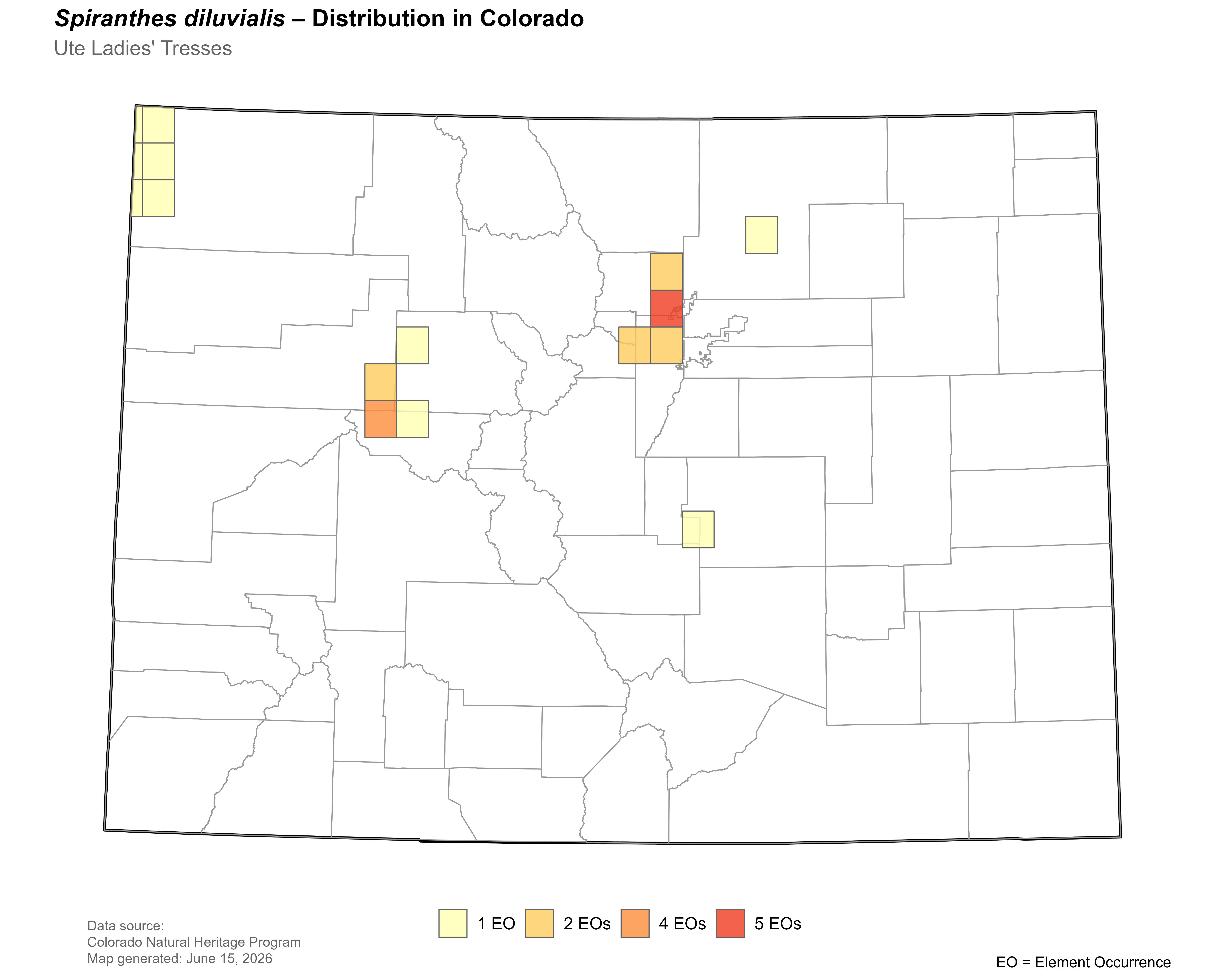 Distribution of <i>Spiranthes diluvialis</i> in Colorado.