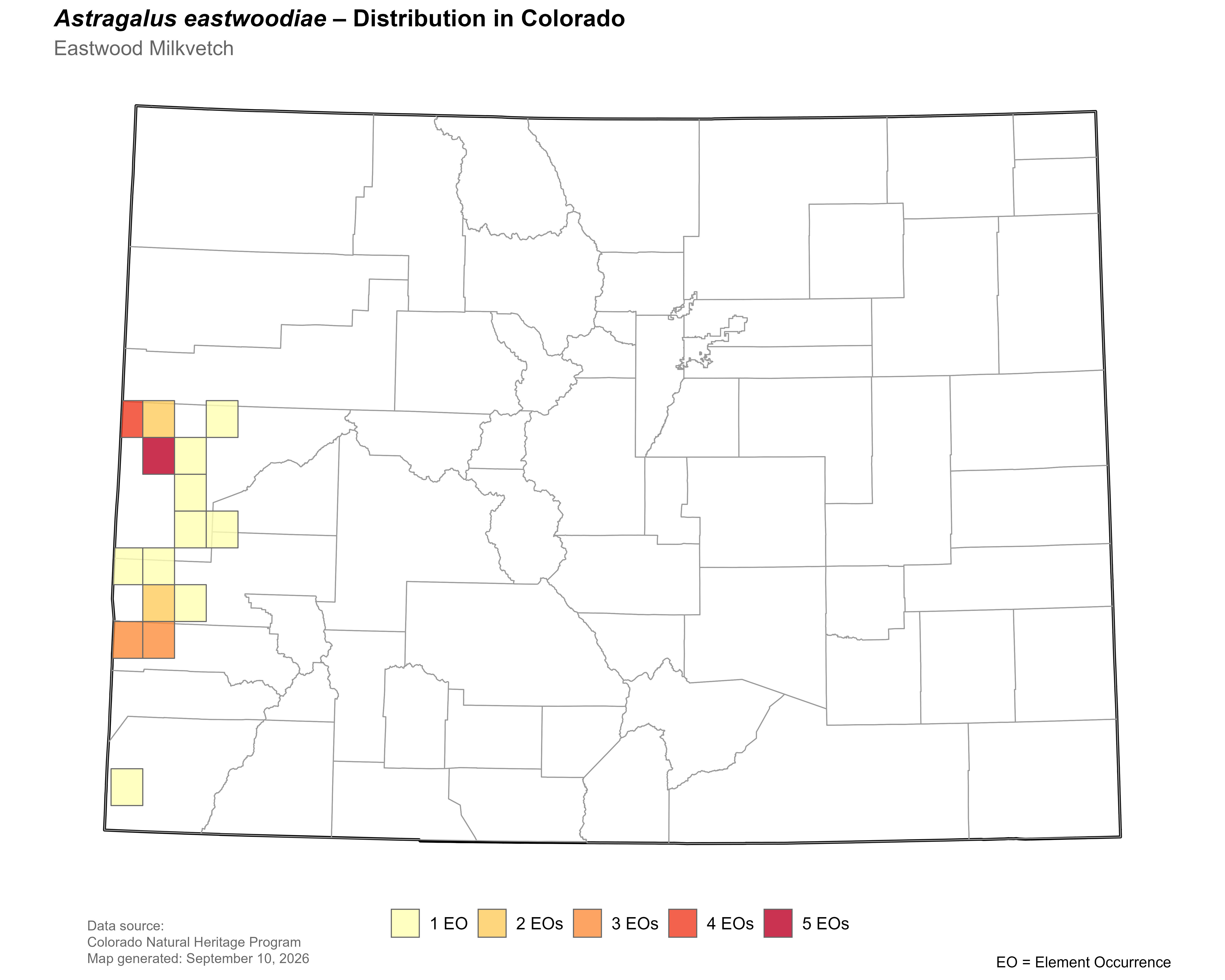 Distribution of <i>Astragalus</i> <i>eastwoodiae</i> in Colorado.