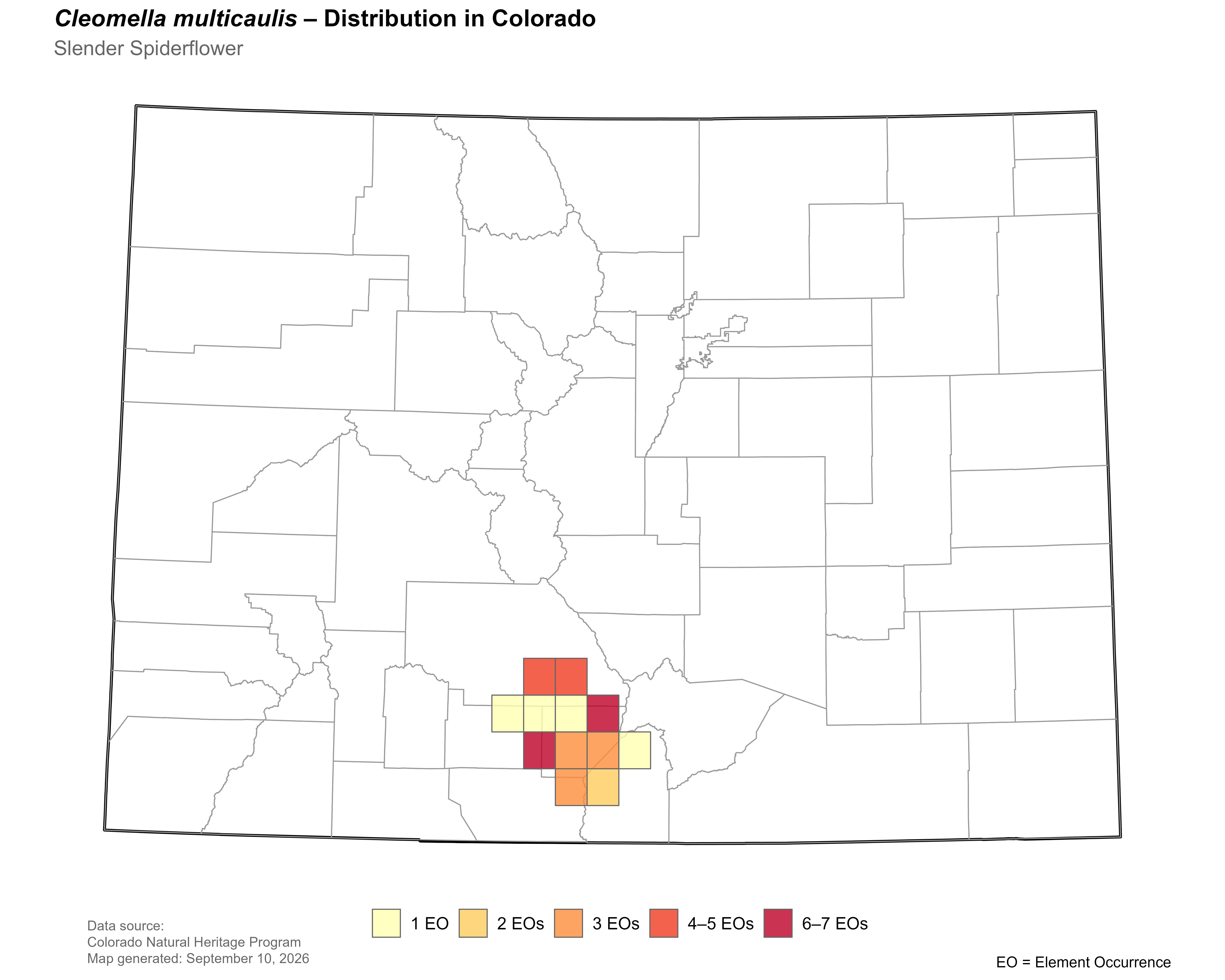 Distribution of <i>Cleome multicaulis</i> in Colorado.
