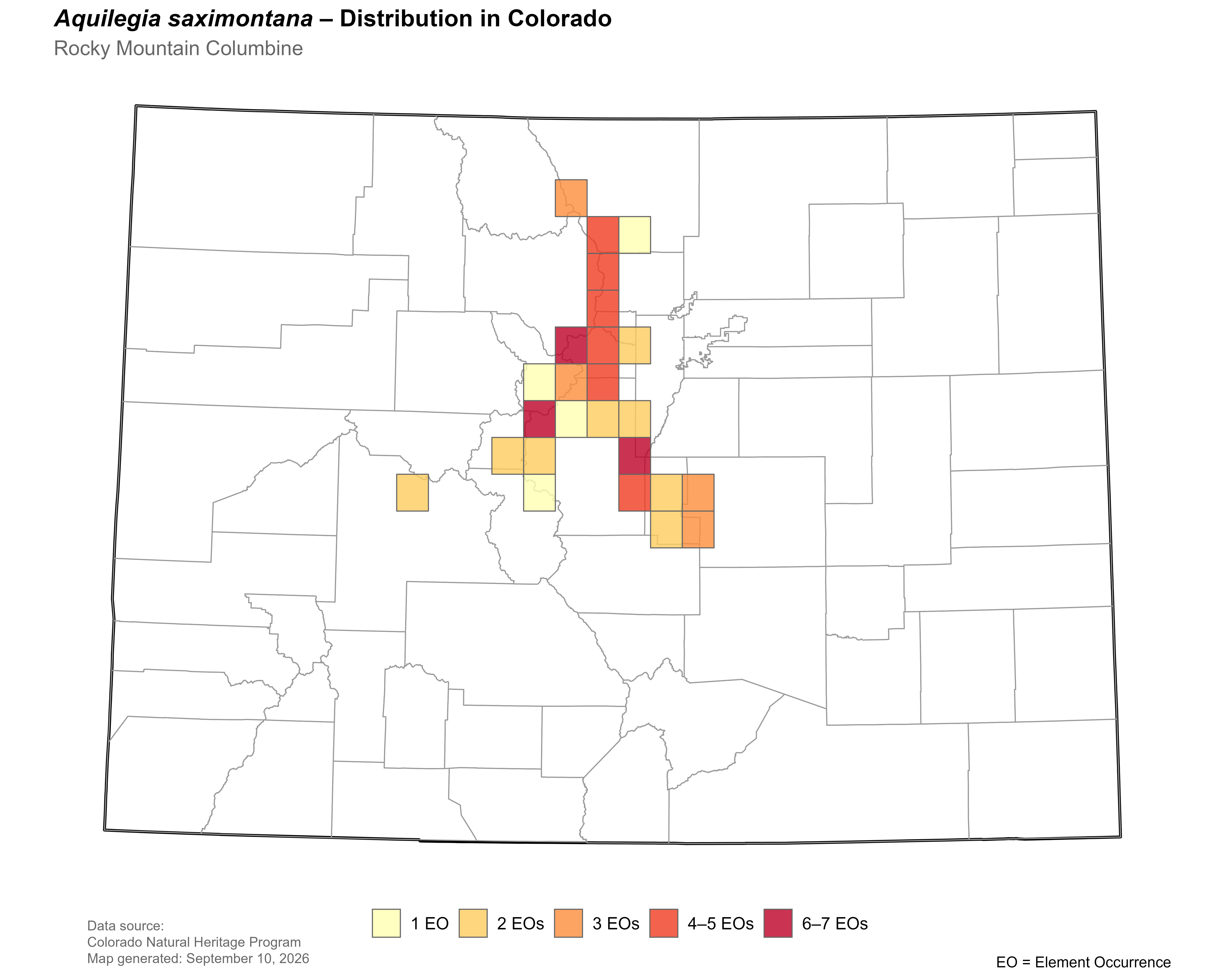 Distribution of <i>Aquilegia saximontana</i> in Colorado.