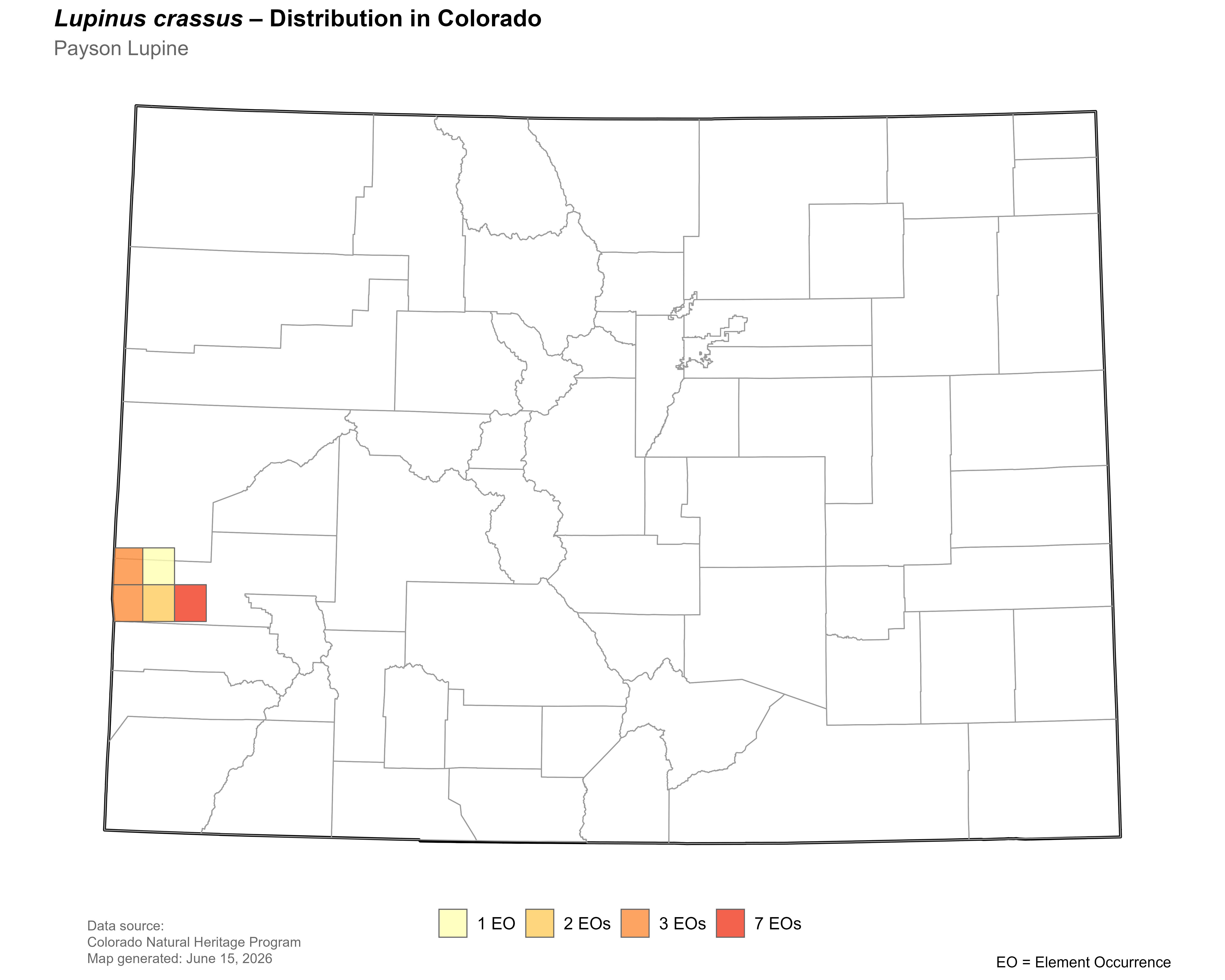 Distribution of <i>Lupinus crassus</i> in Colorado.