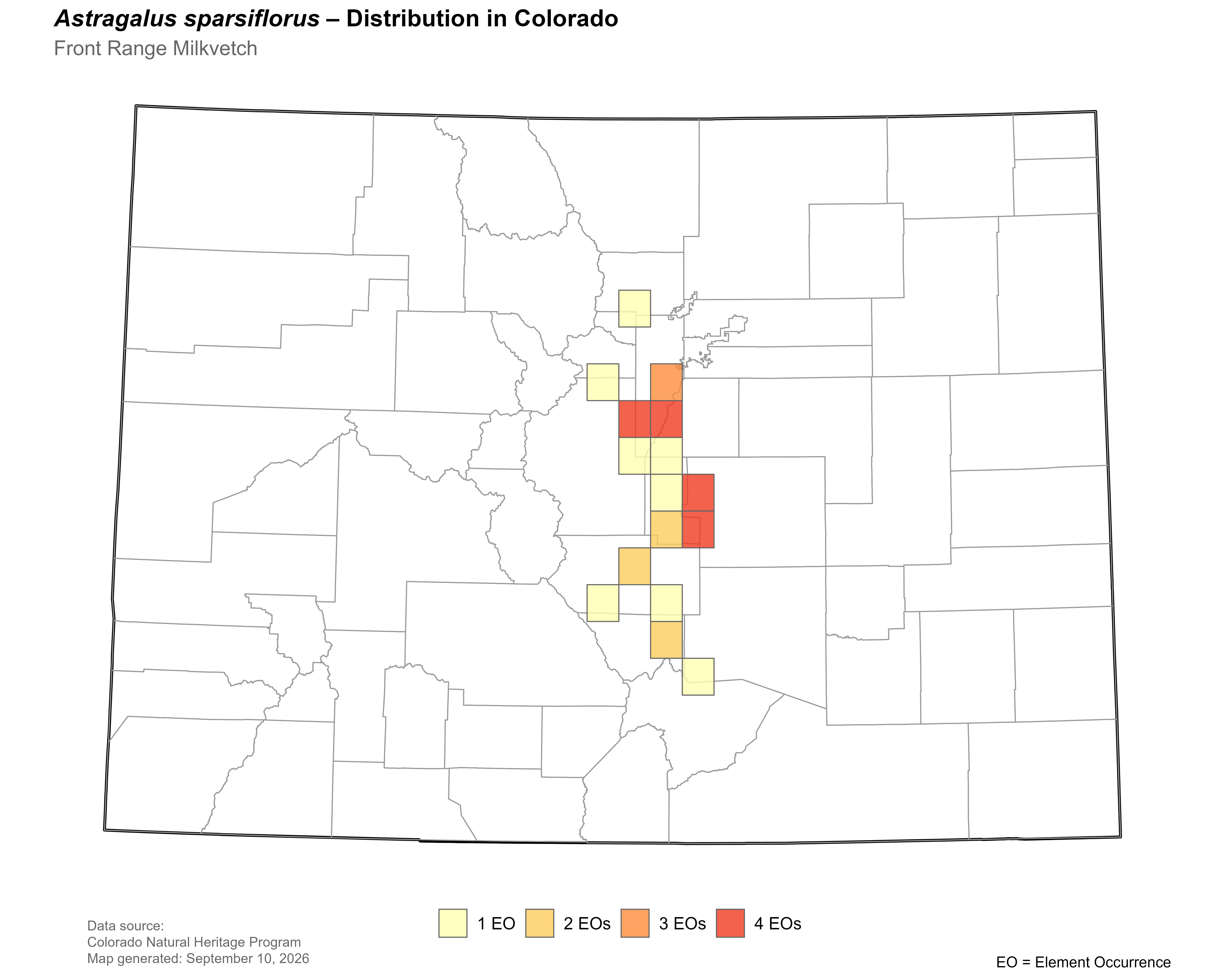 Distribution of <i>Astragalus sparsiflorus</i> in Colorado.