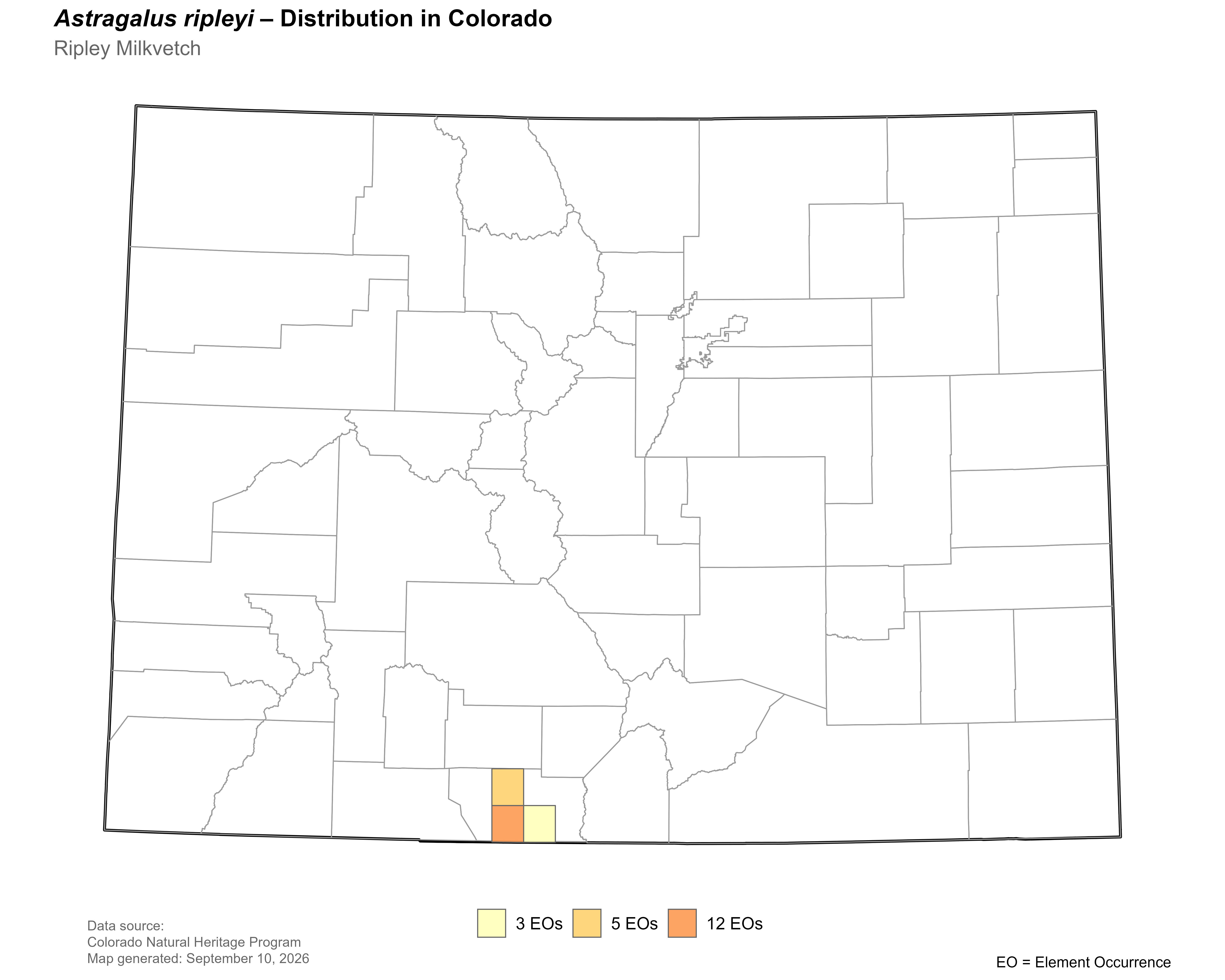 Dsitribution of <i>Astragalus ripleyi</i> in Colorado.