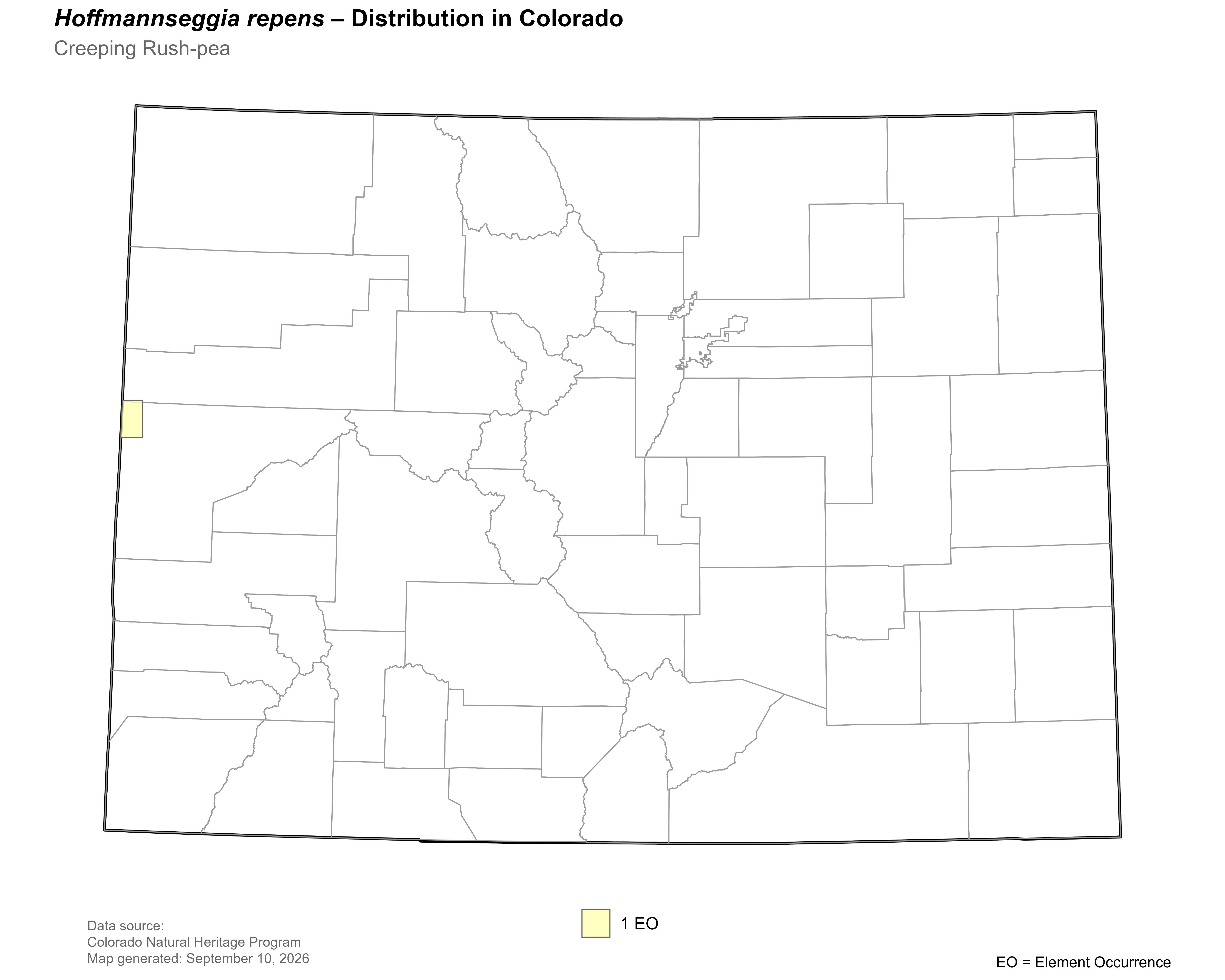 Distribution of <i>Hoffmannseggia repens</i> in Colorado.