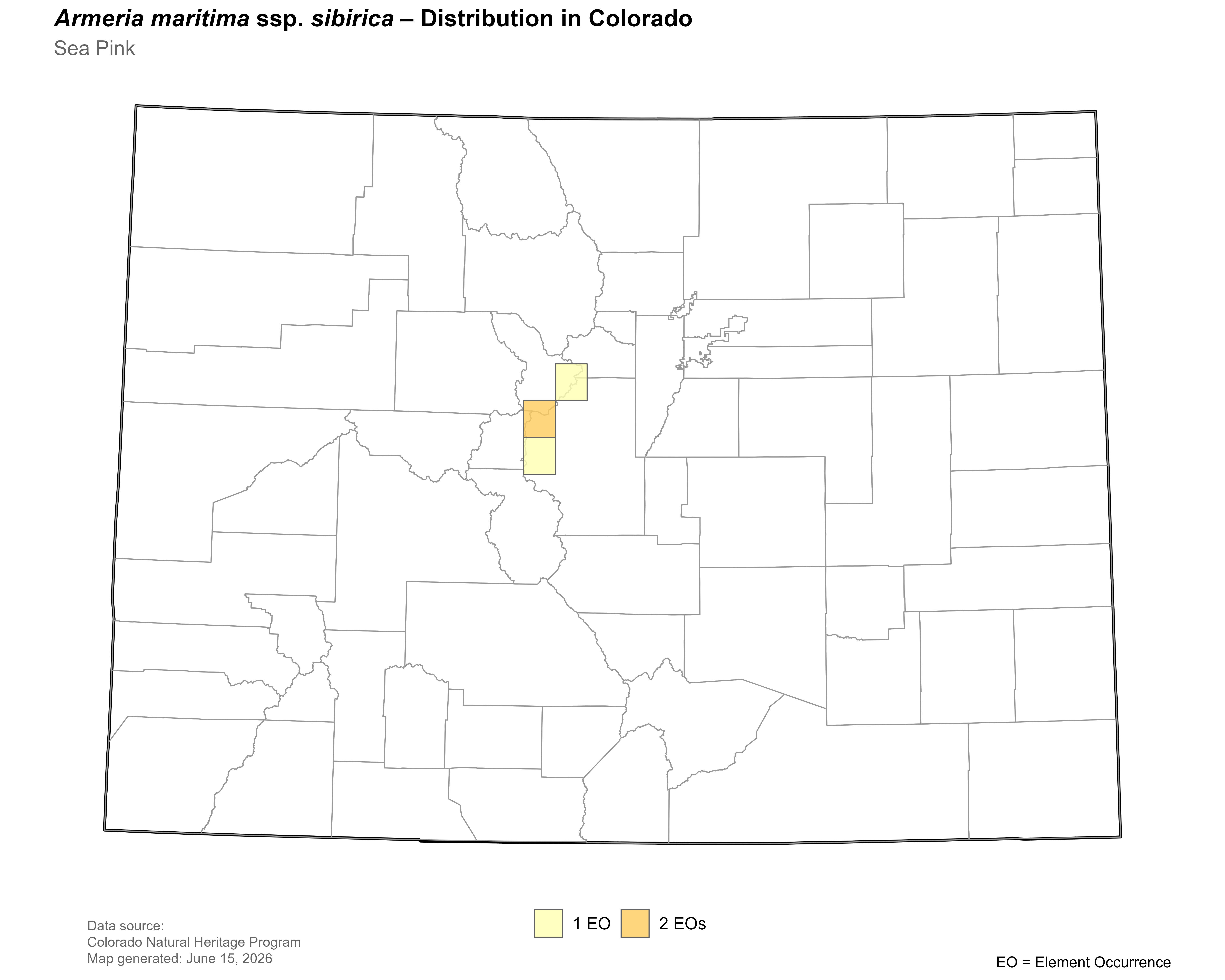 Distribution of <i>Armeria maritima ssp. sibirica</i> in Colorado.
