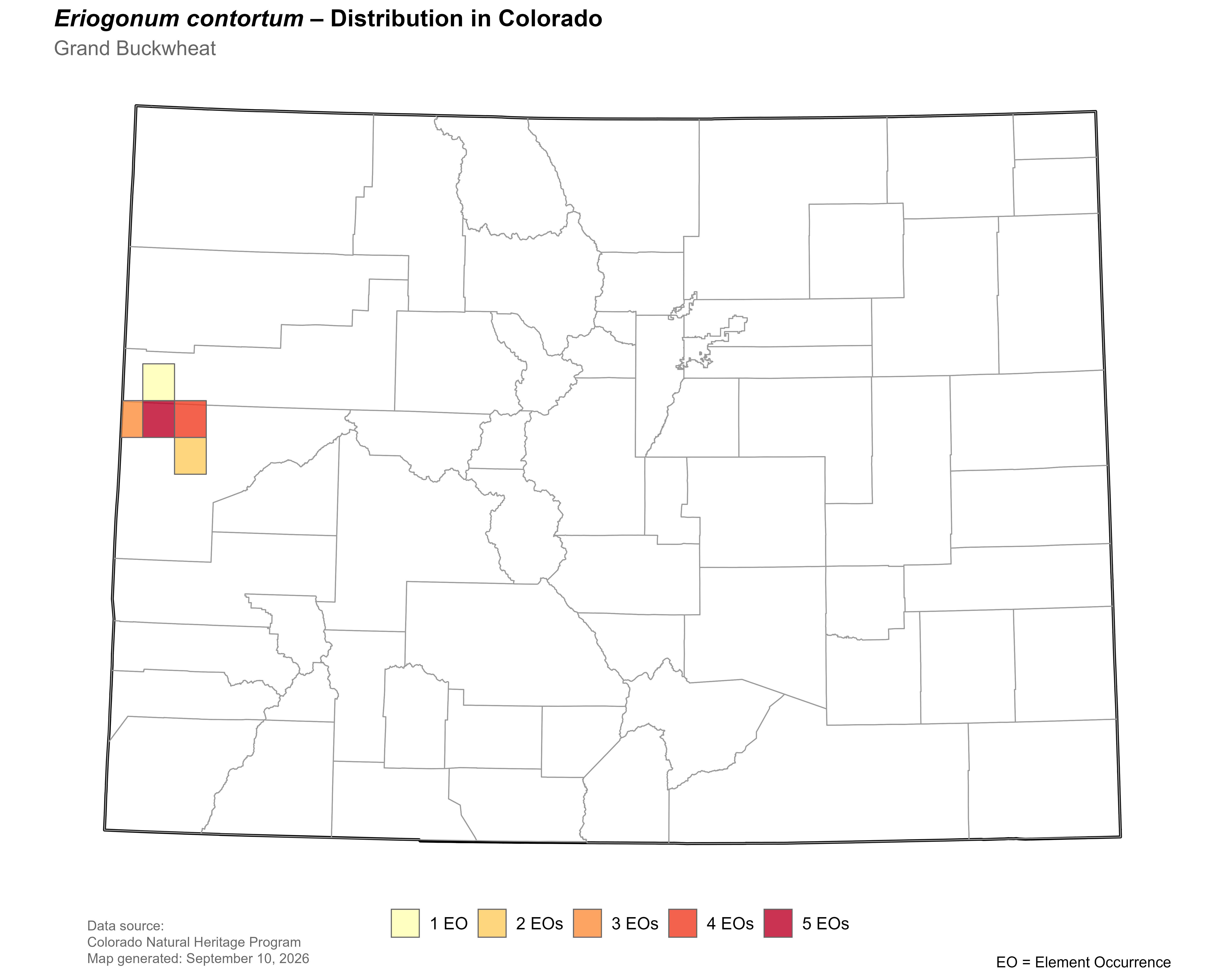 Distribution os <i>Eriogonum</i> <i>contortum</i> in Colorado.
