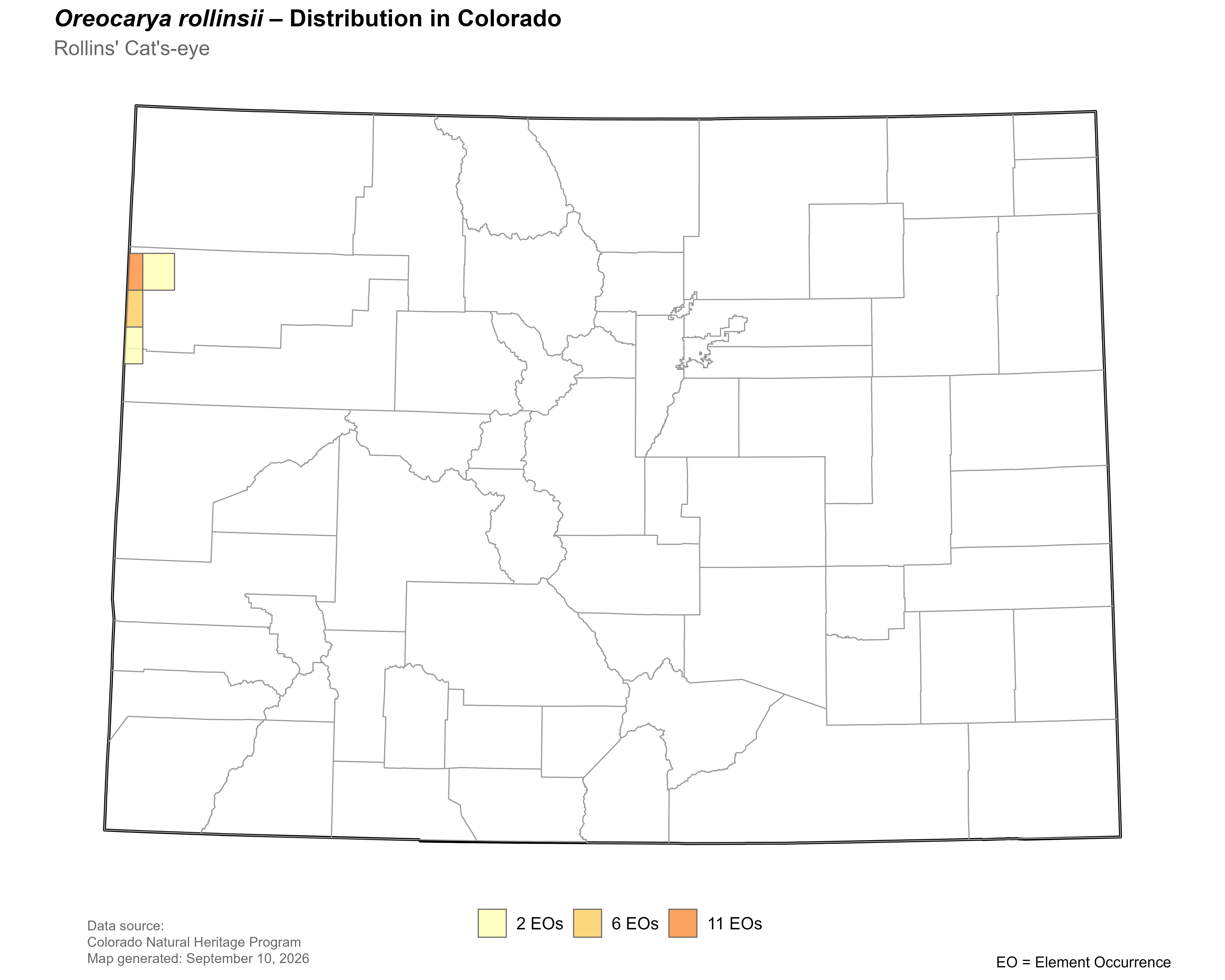 Distribution of <i>Oreocarya rollinsii</i> in Colorado.