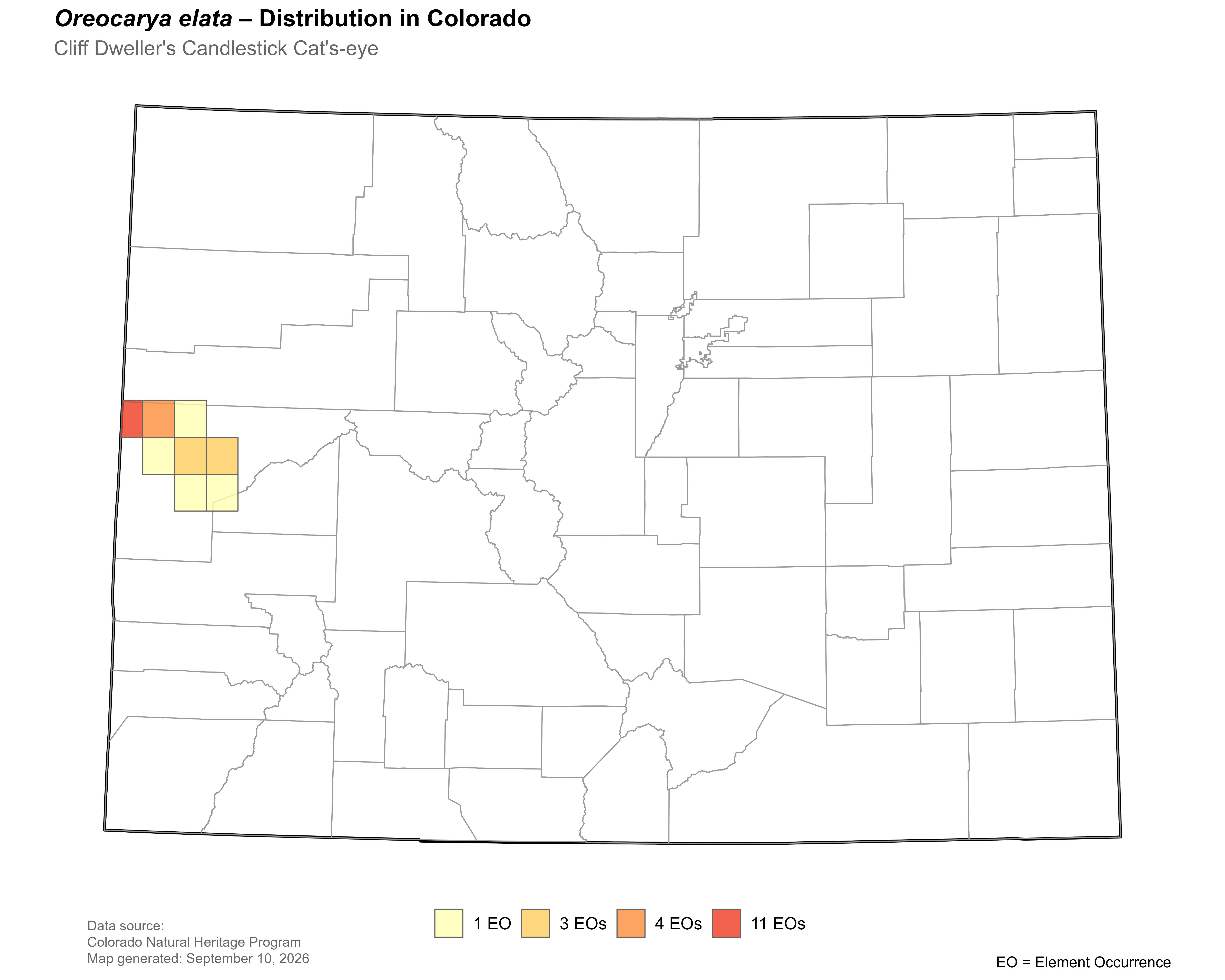 Distribution of<i> Oreocarya elata</i> in Colorado.