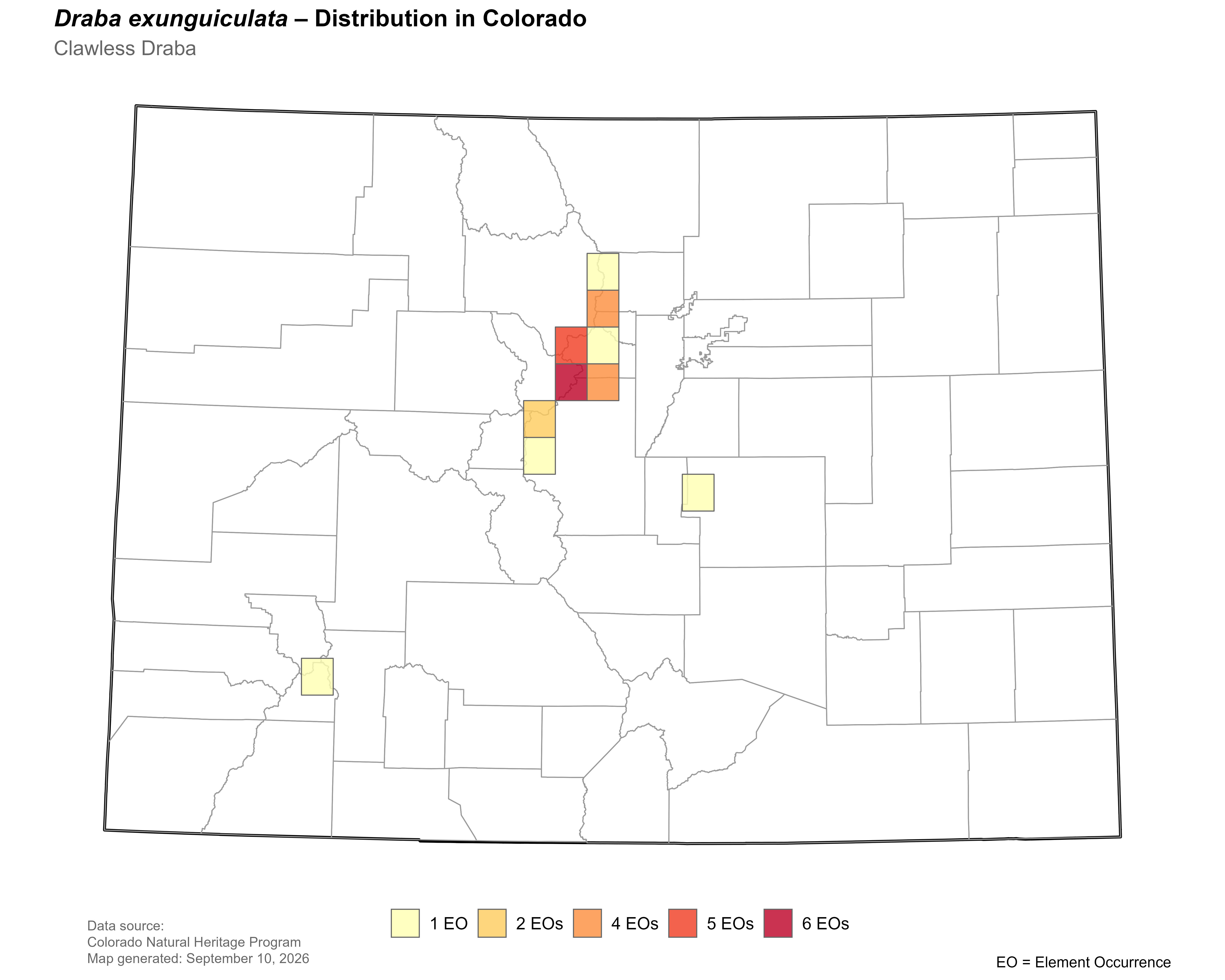 Distribution of <i>Draba exunguiculata</i> in Colorado.