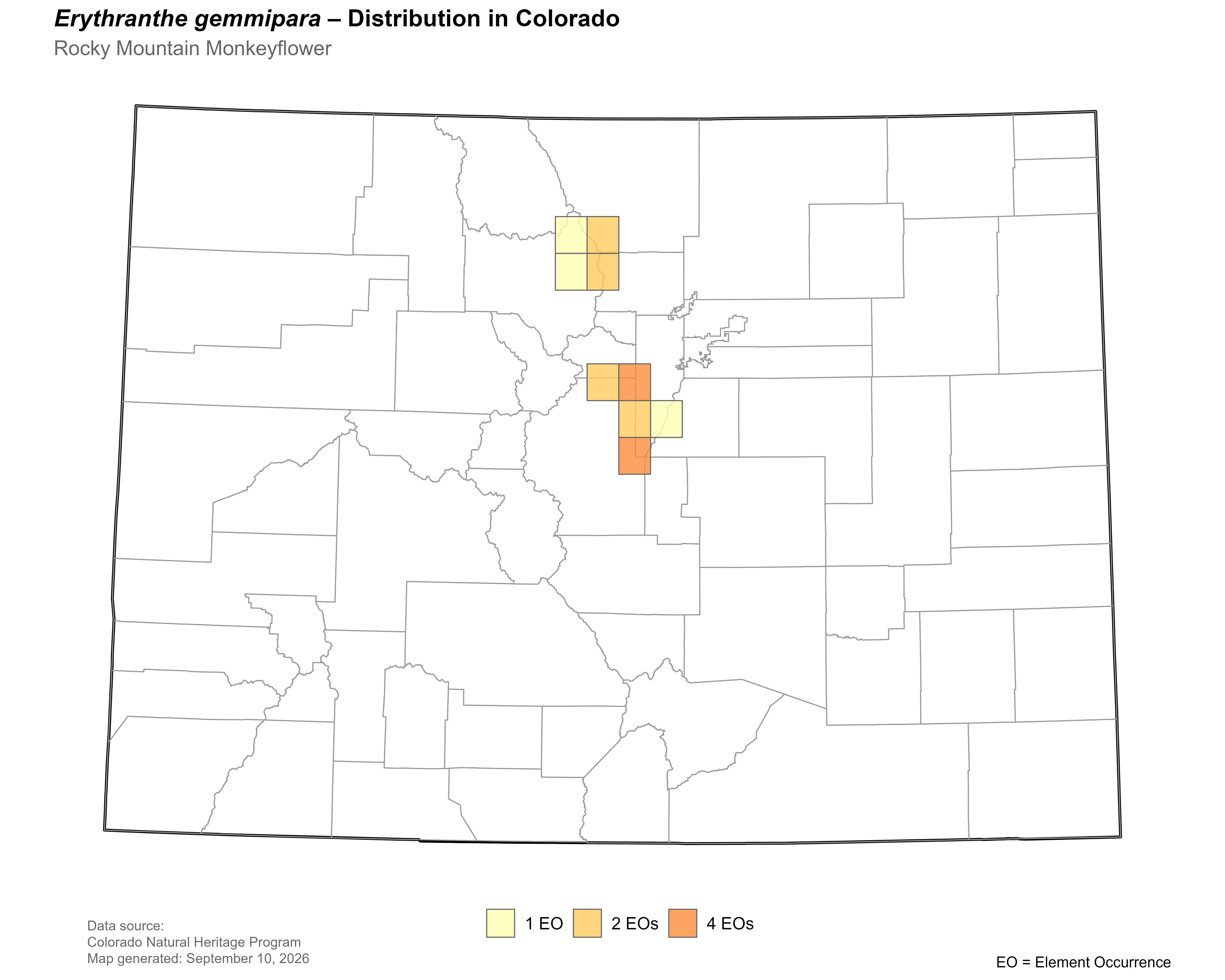 Distribution of <i>Erythranthe gemmipara</i> in Colorado.