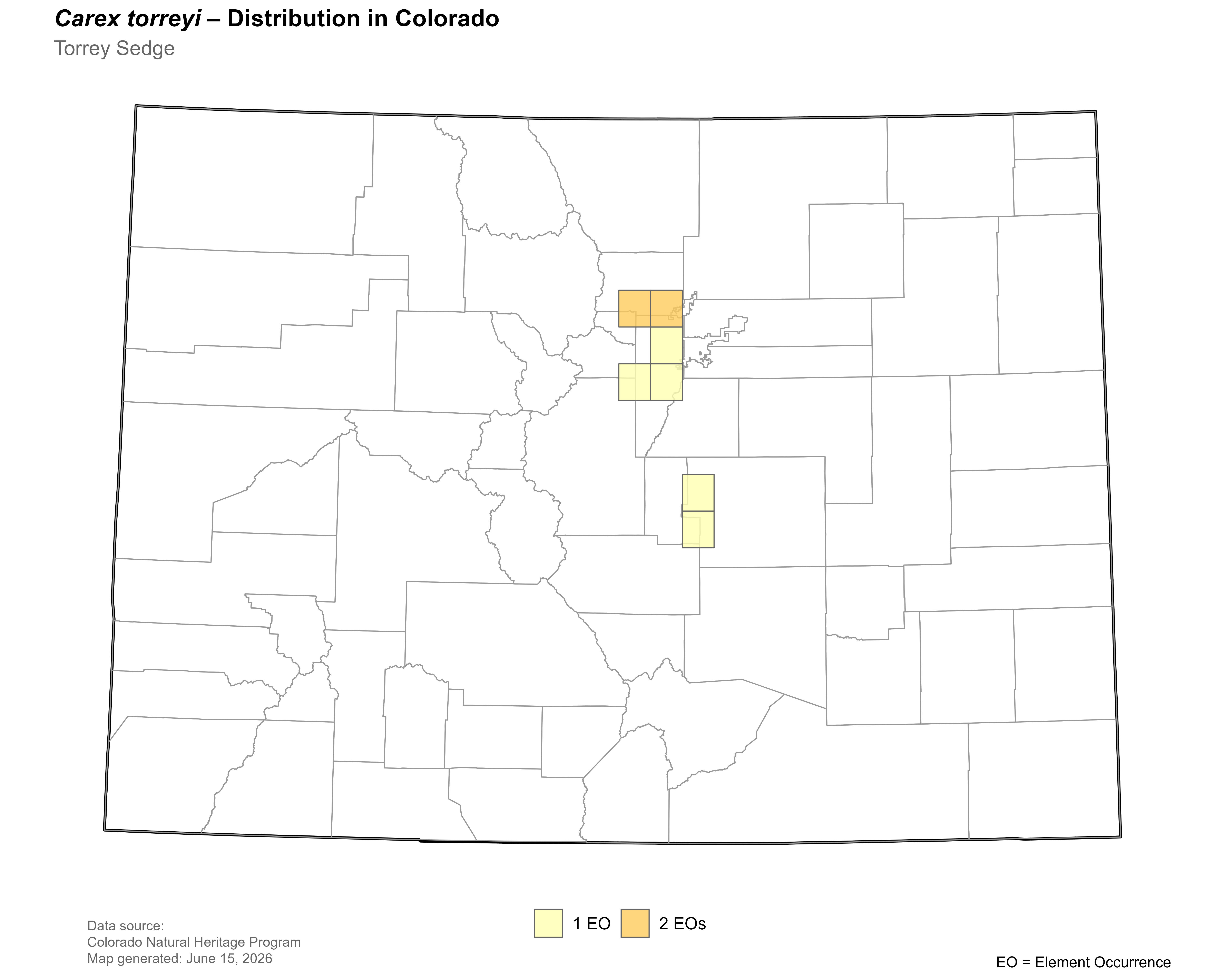 Distribution of <i>Carex torreyi</i> in Colorado.