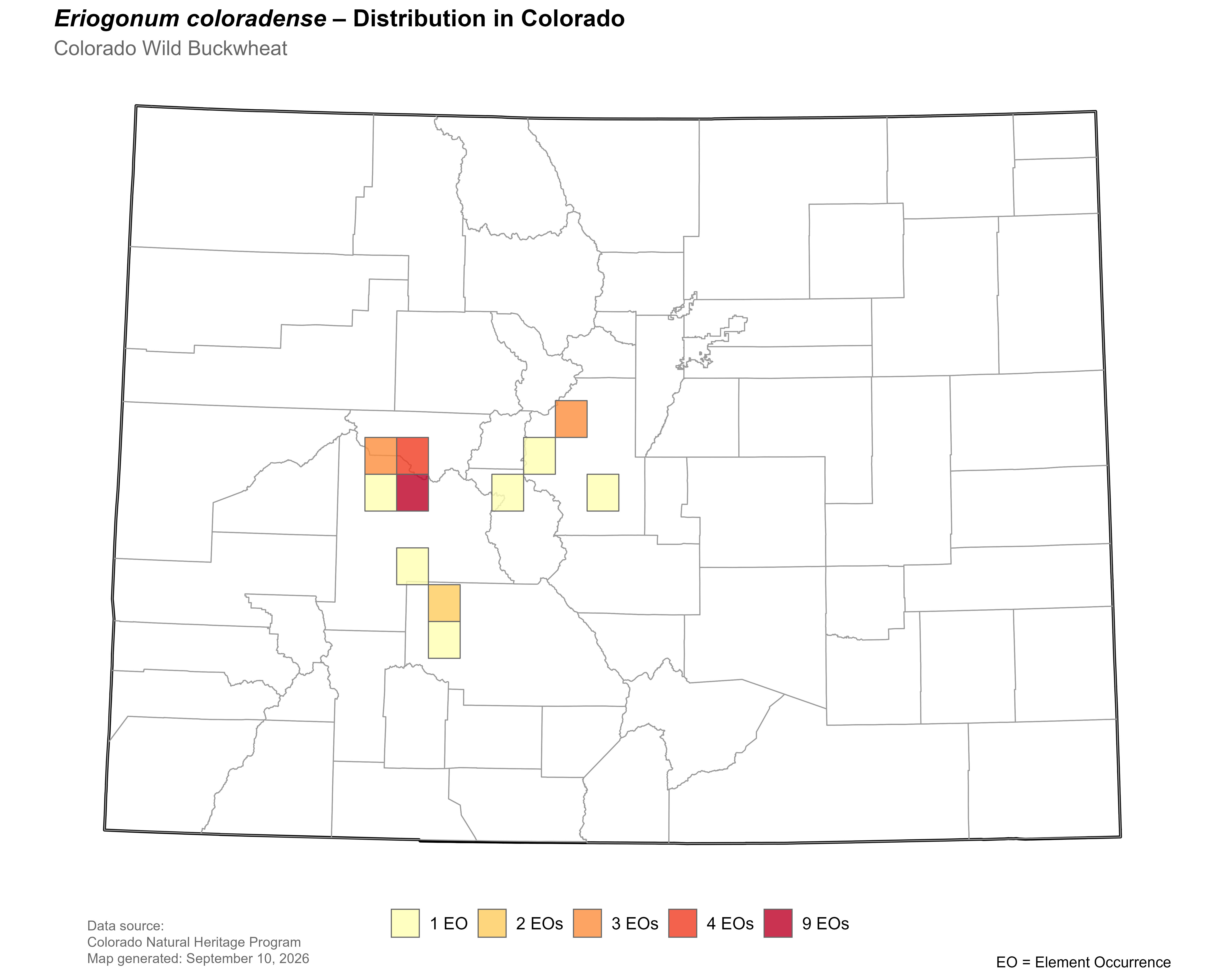 Distribution of <i>Eriogonum coloradense</i> in Colorado.