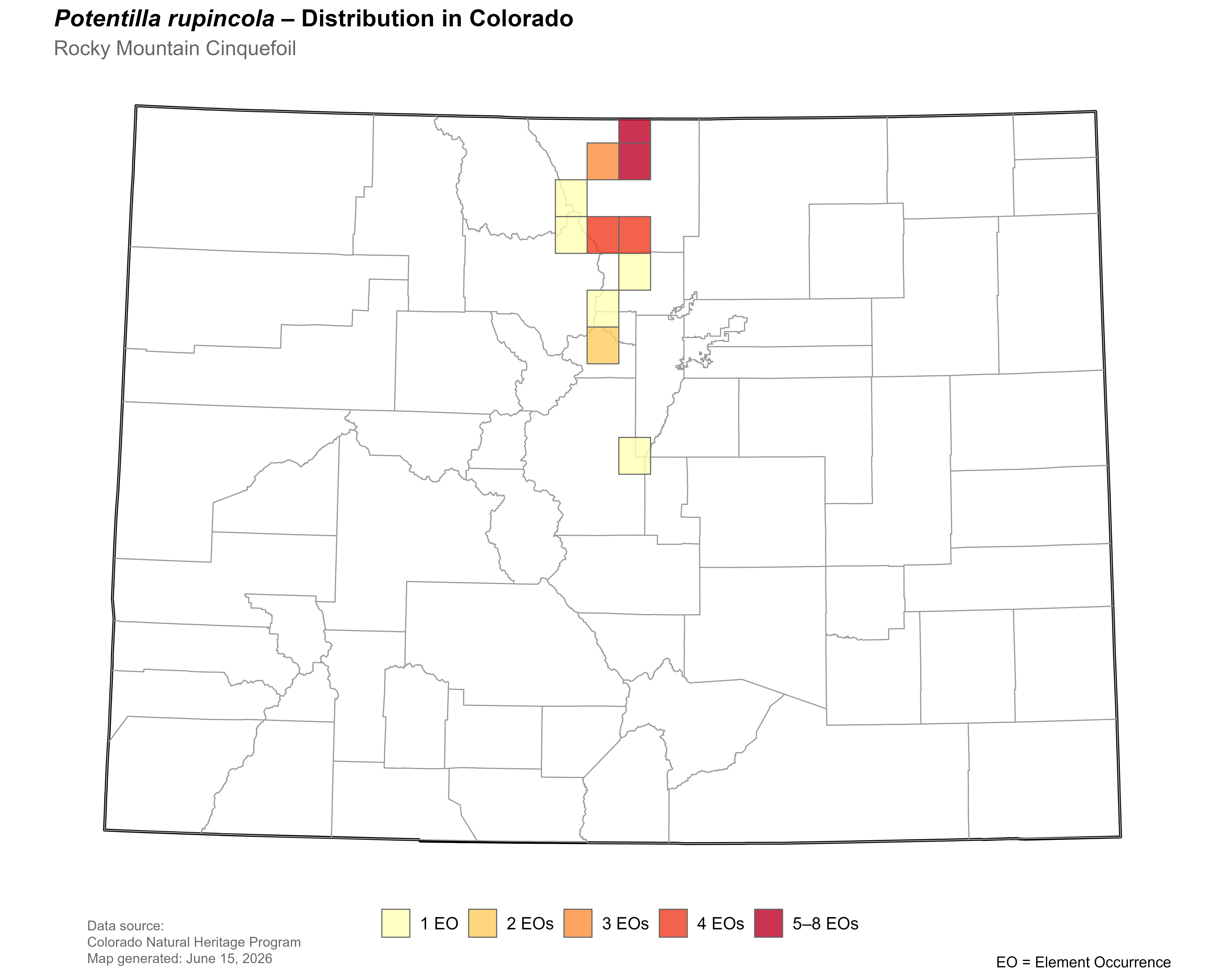 Distribution of <i>Potentilla rupincola</i> in Colorado.
