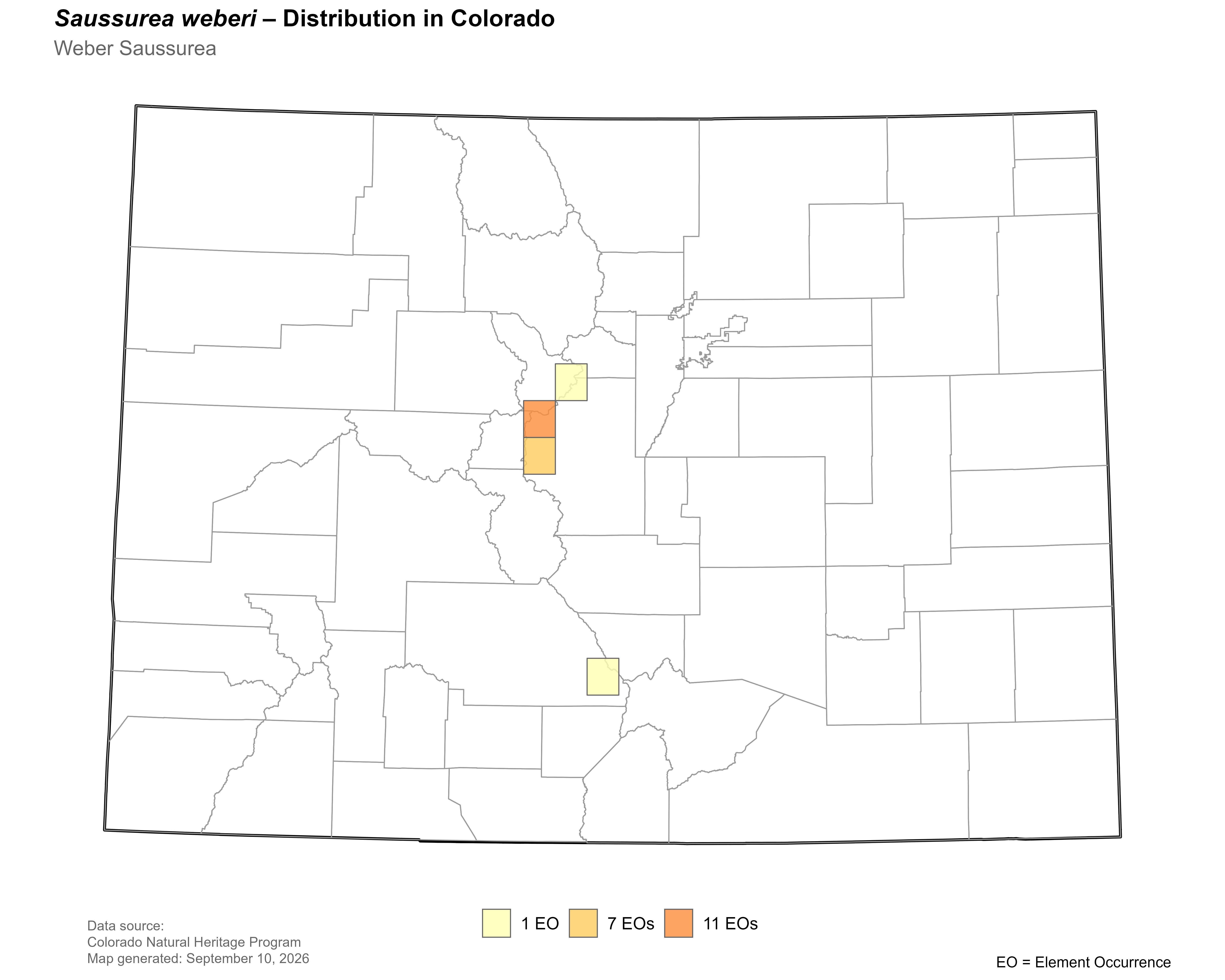 Distribution of<i> Saussurea weberi </i>in Colorado.