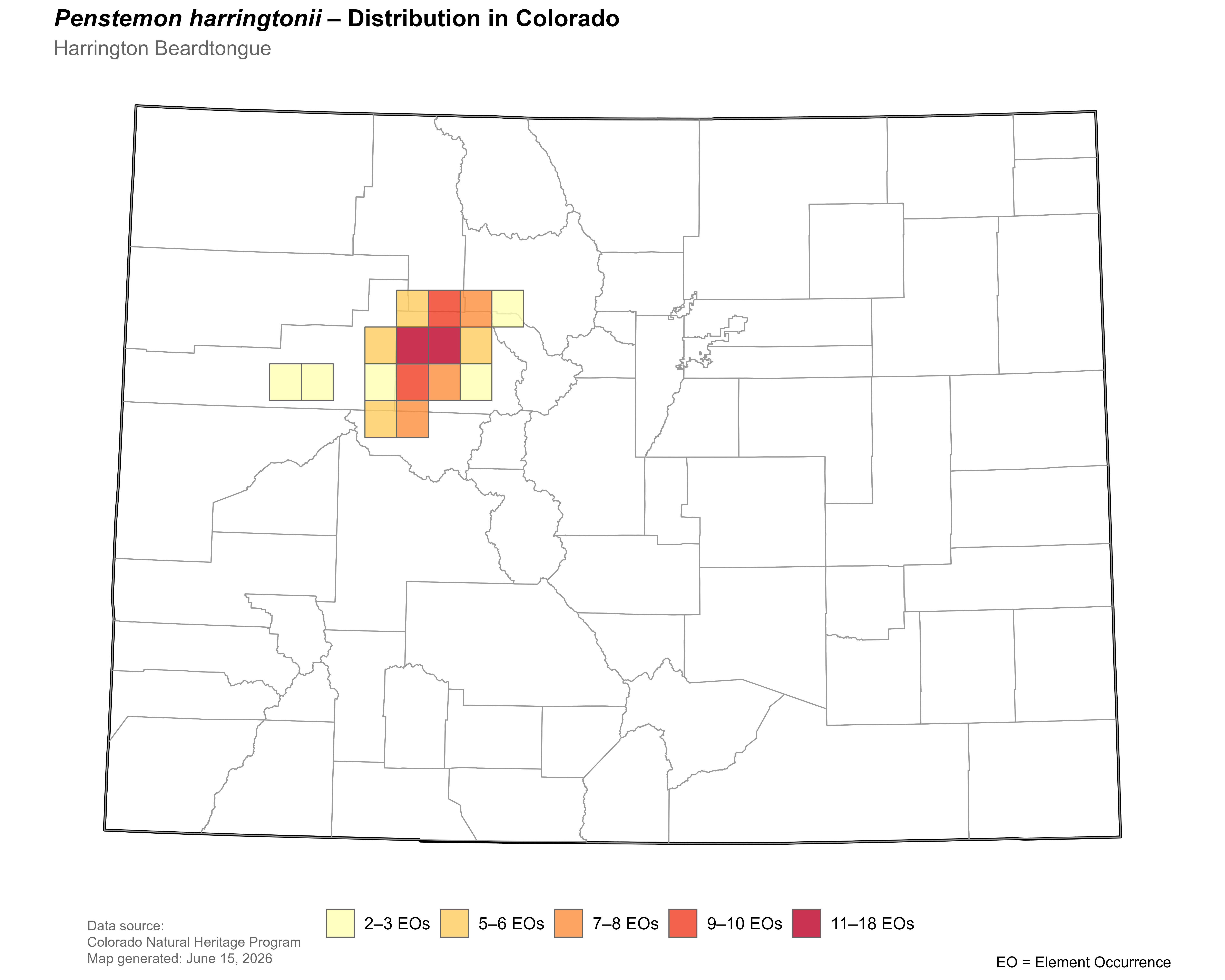 Distribution of <i>Penstemon</i> <i>harringtonii</i> in Colorado.