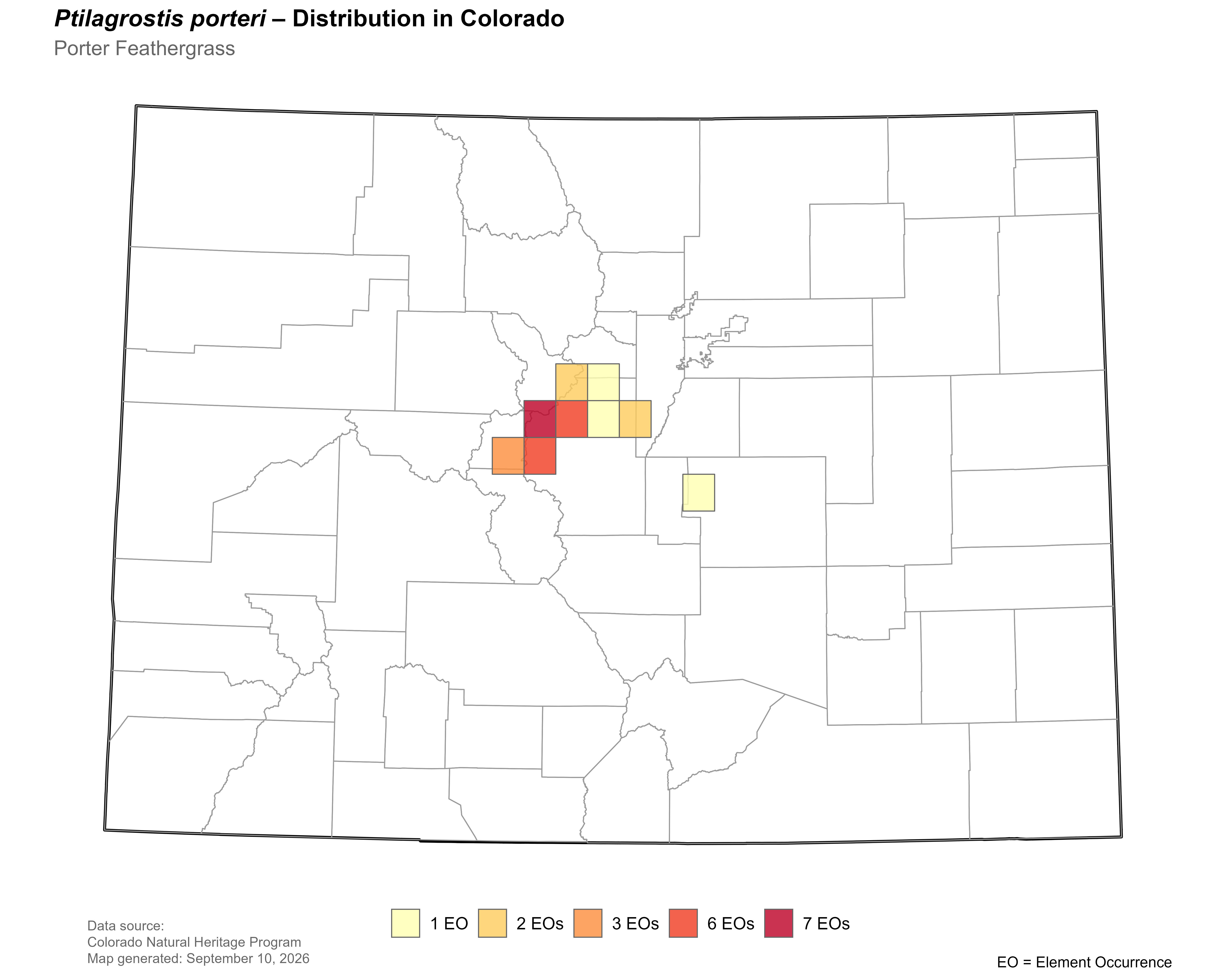 Distribution of <i>Ptilagrostis porteri</i> in Colorado.