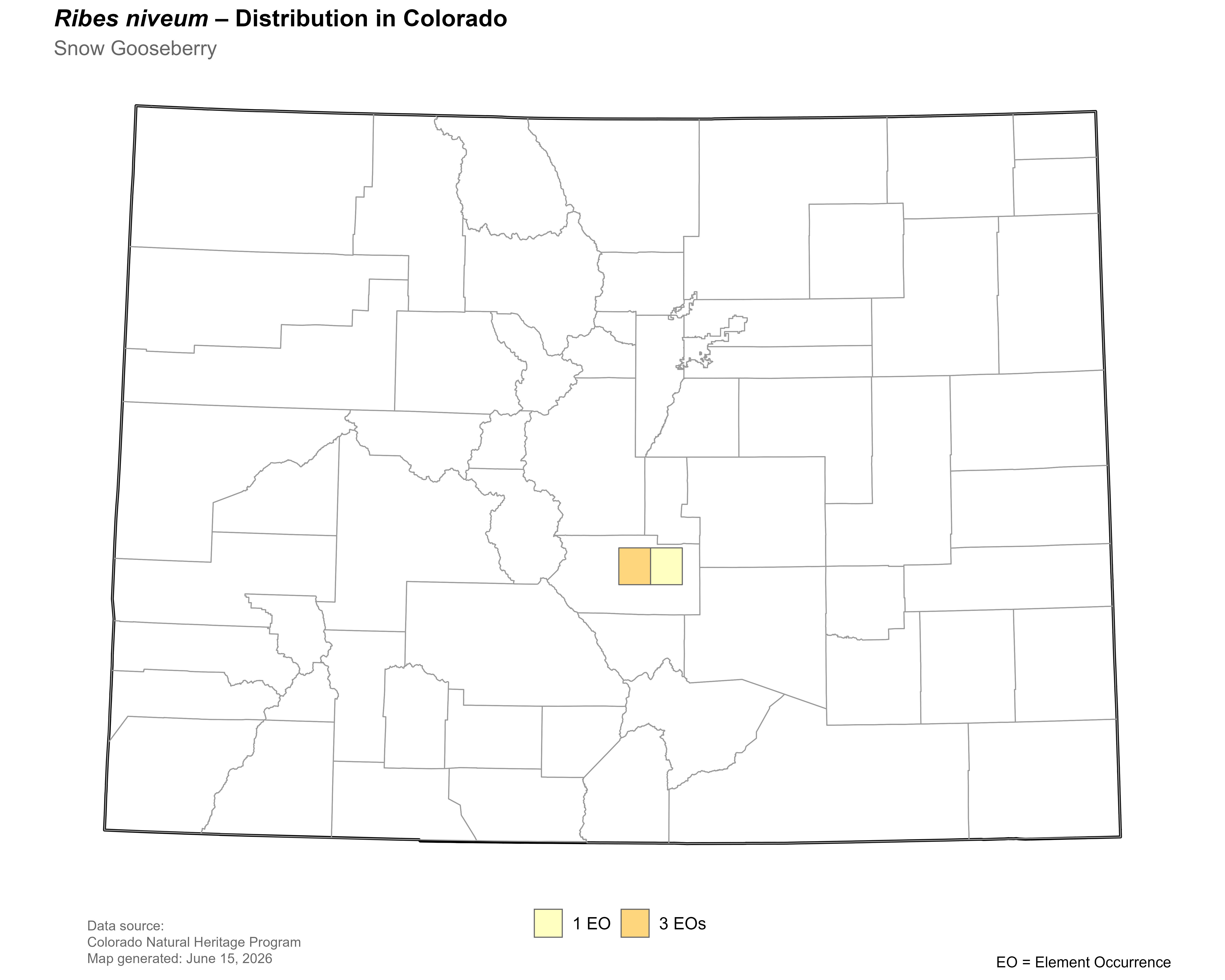Distribution of <i>Ribes</i> <i>niveum</i> in Colorado.
