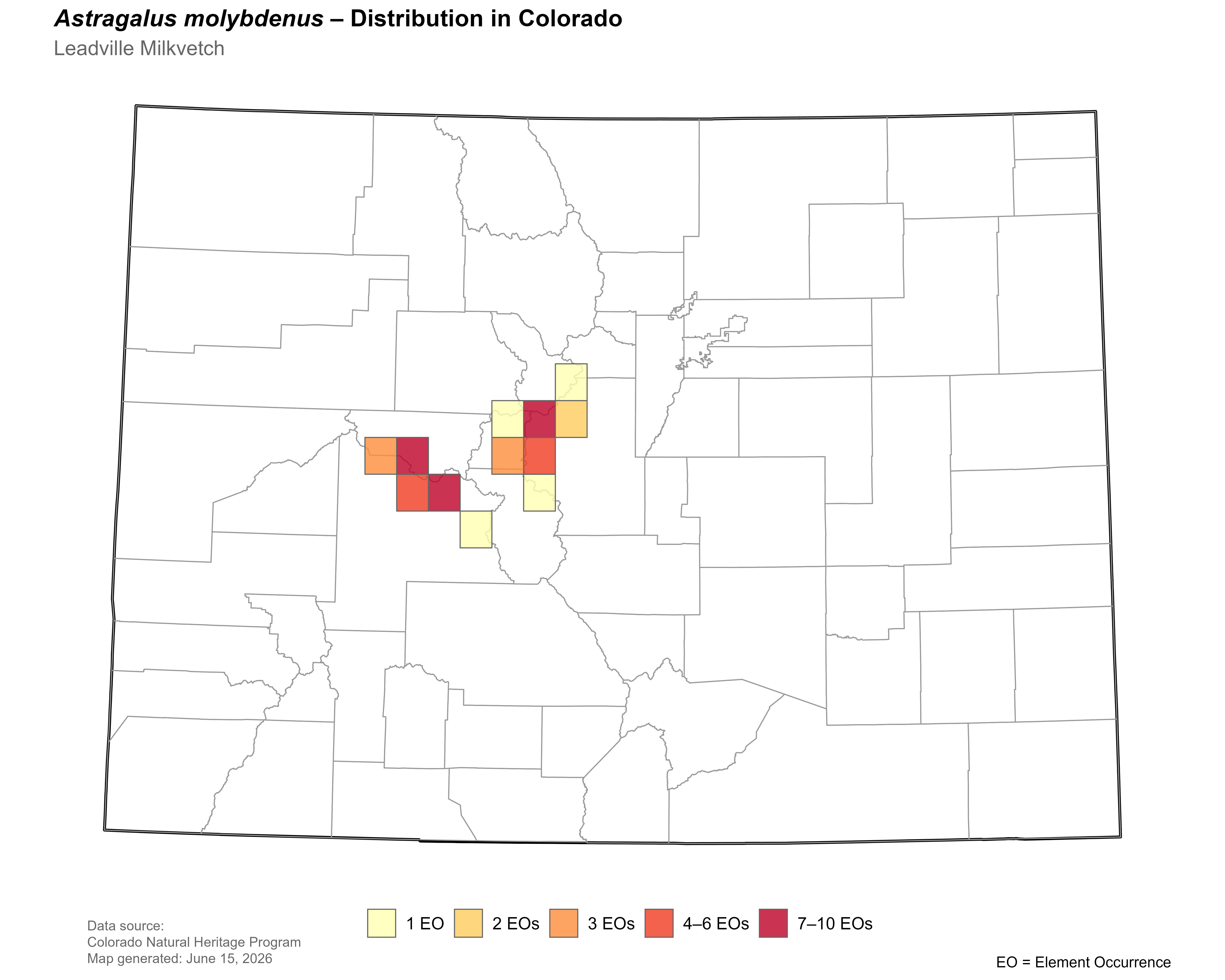 Distribution of<i> Astragalus molybenus in </i>Colorado.