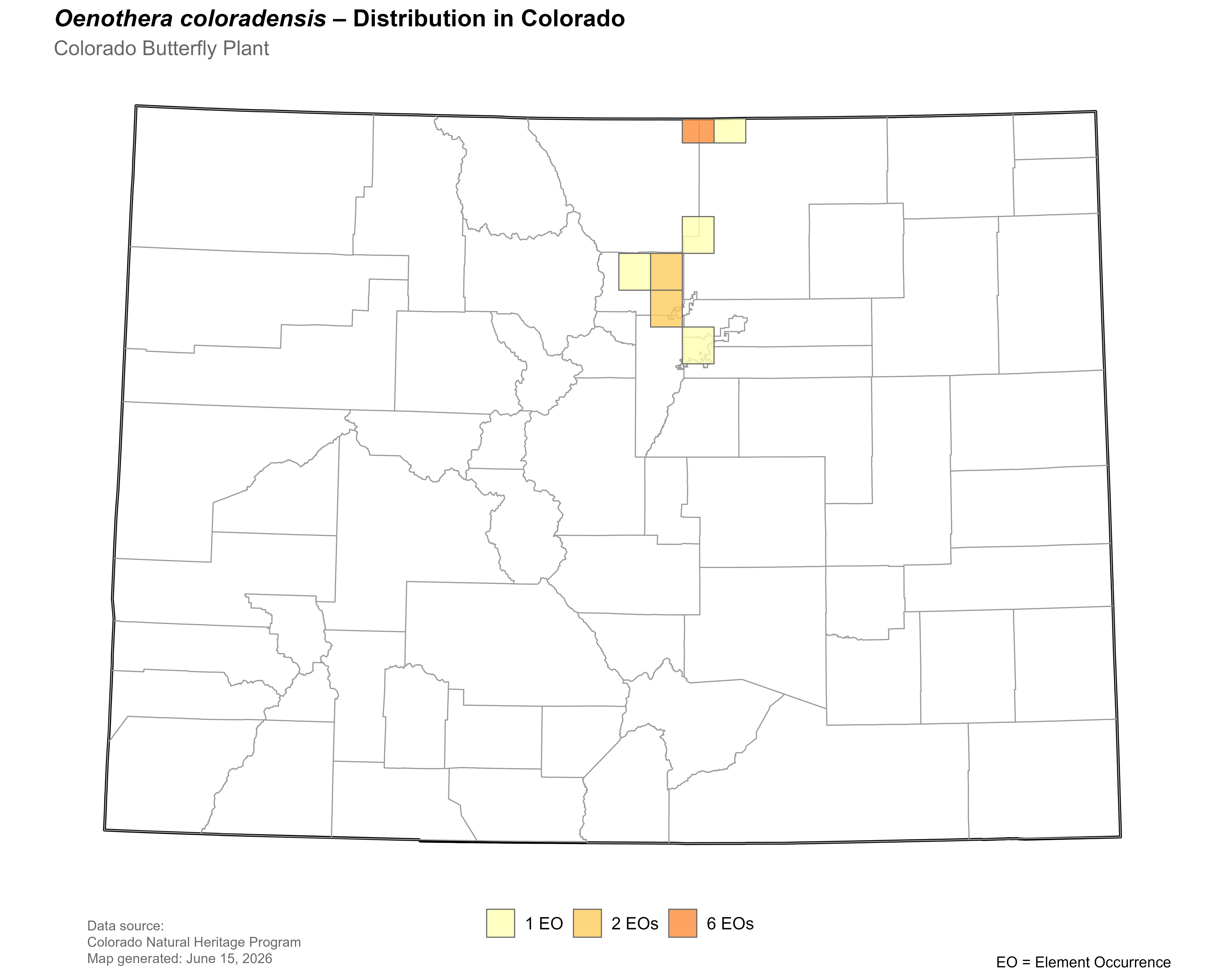 Distribution of Oenothera coloradensis in Colorado.