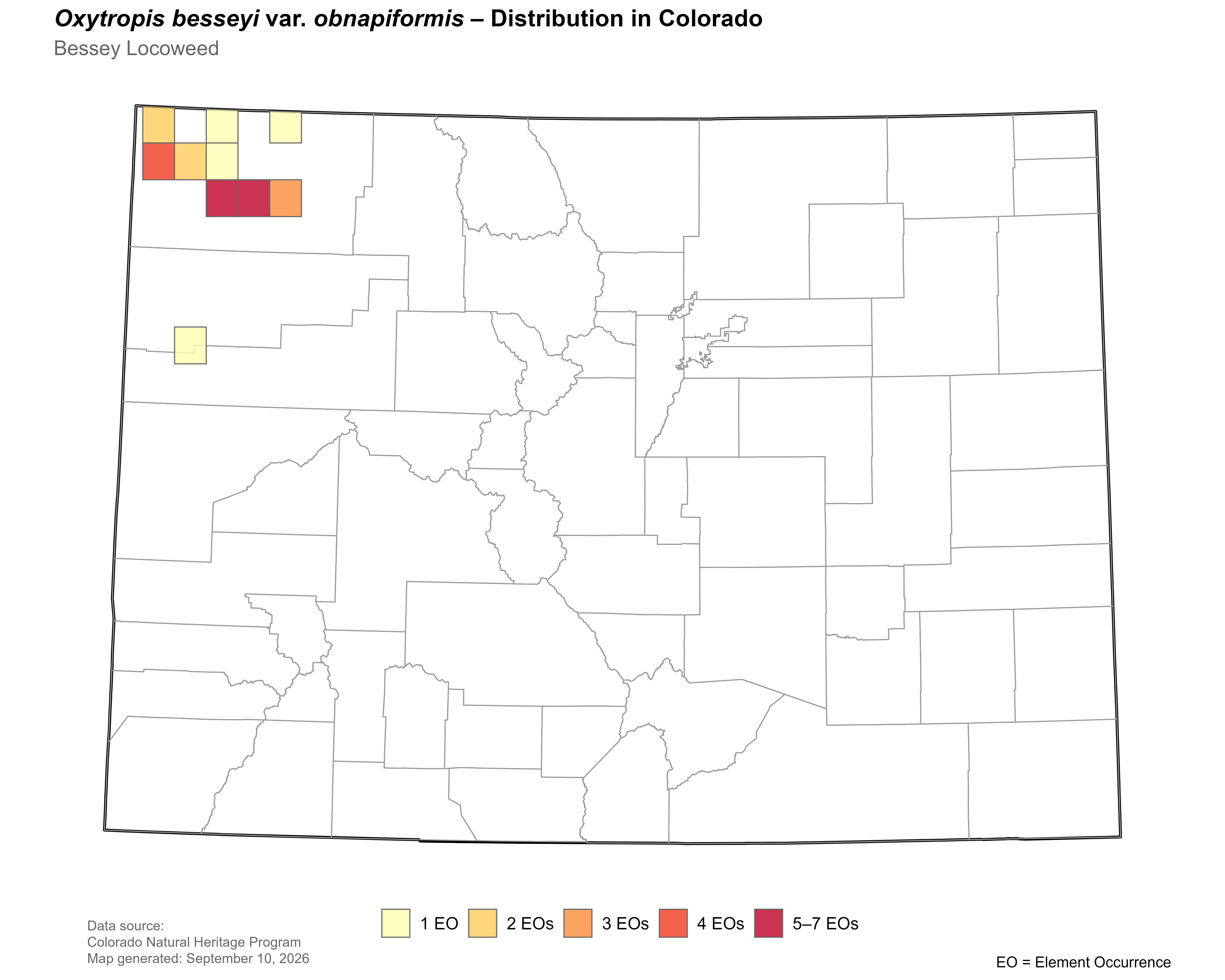 Distribution of <i>Oxytropis</i> <i>besseyi</i> var. <i>obnapiformis</i>  in Colorado