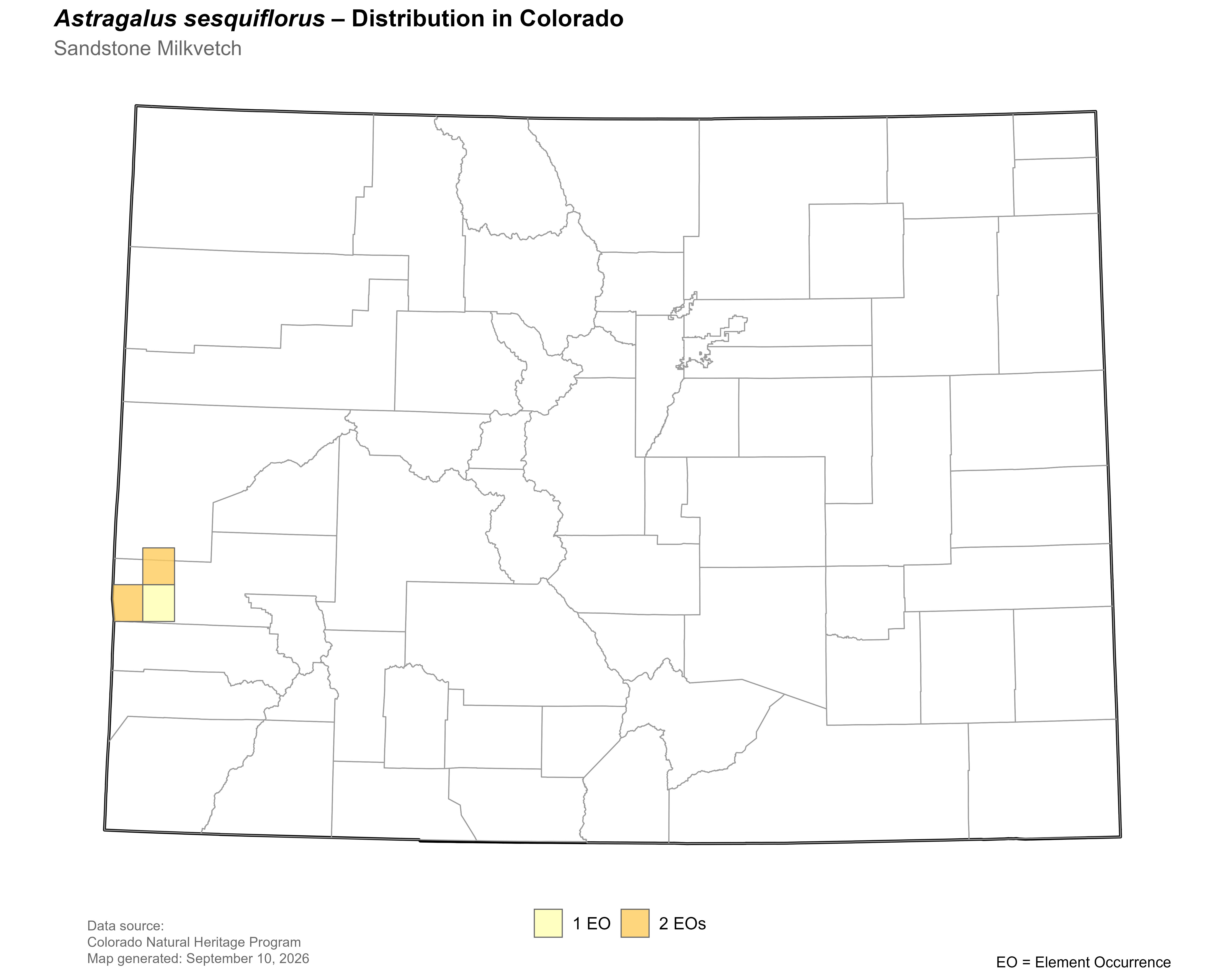 Dsitribution of <i>Astragalus sesquiflorusi</i> in Colorado.