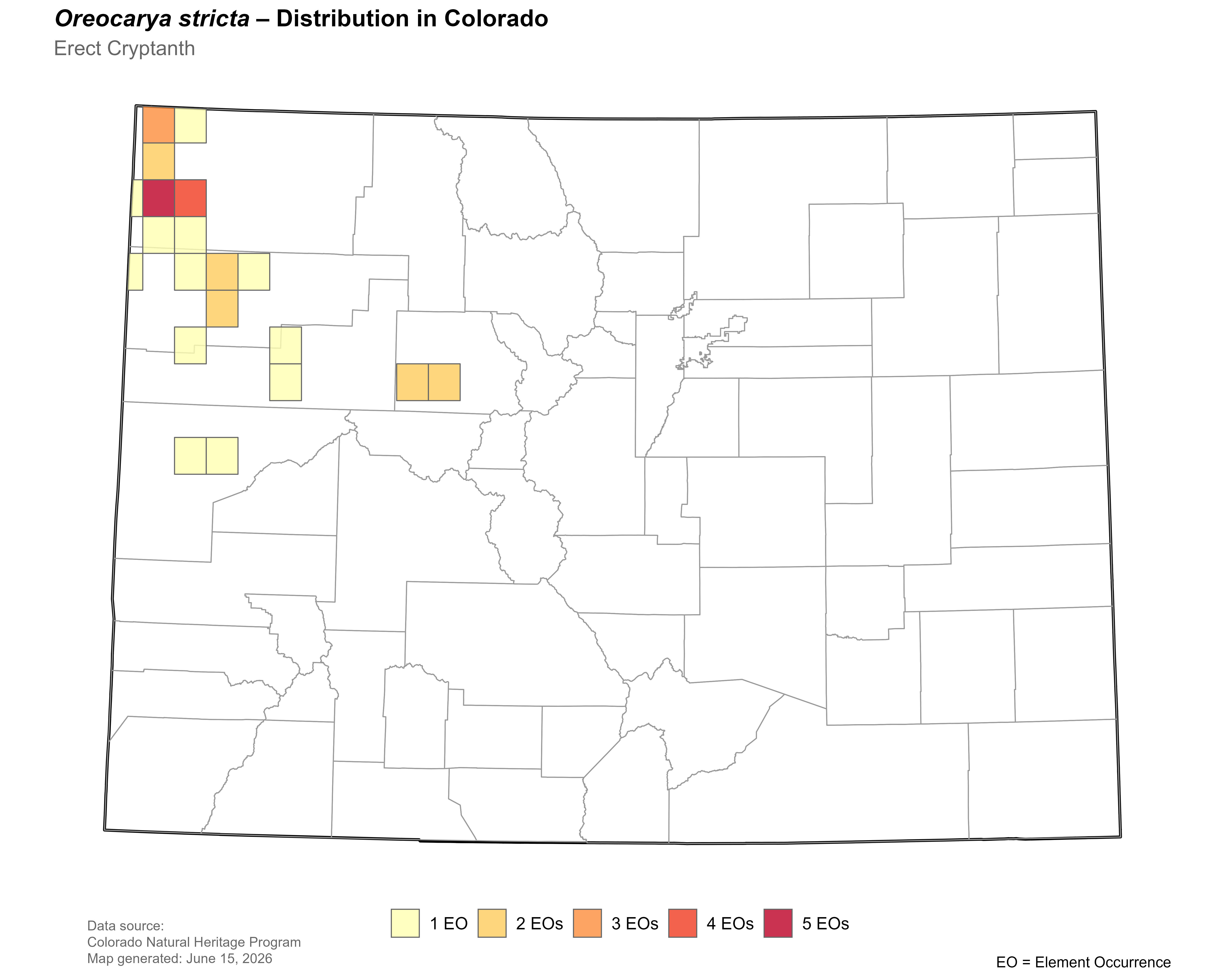 Distribution of<i> Oreocarya stricta</i> in Colorado.
