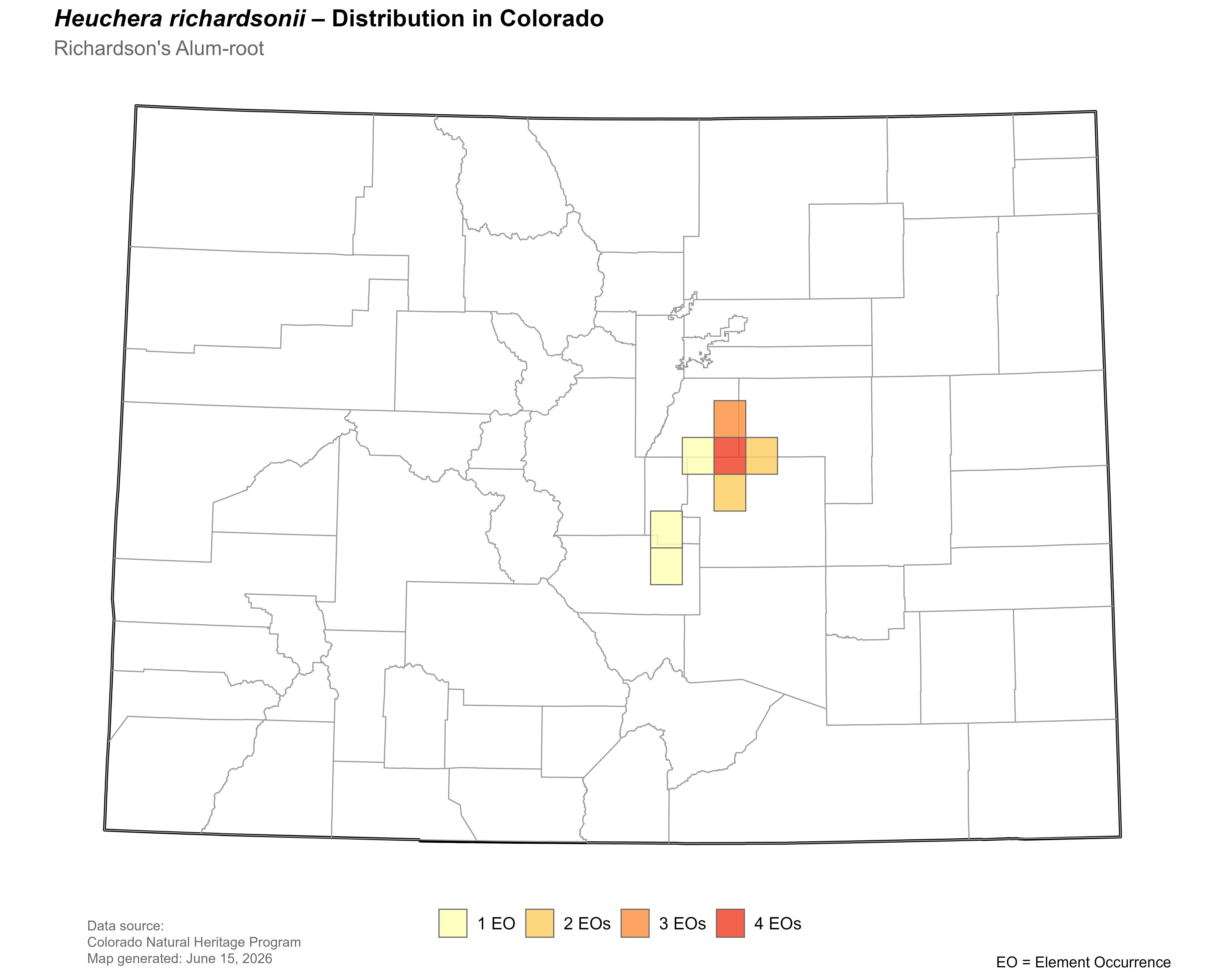 Distribution of <i>Heuchera richardsonii</i> in Colorado.