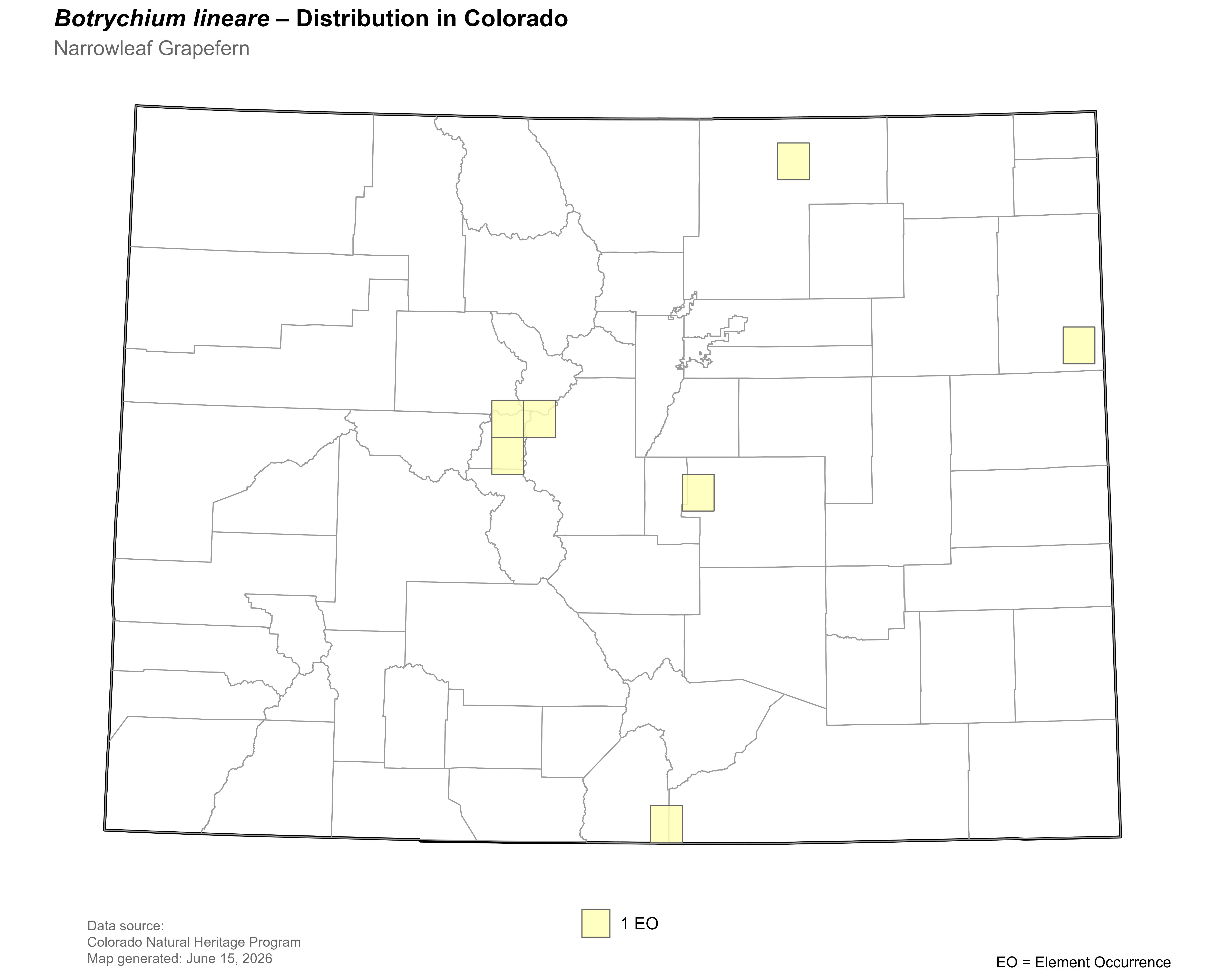 Distribution of <i>Botrychium campestre var. lineare</i> in Colorado.