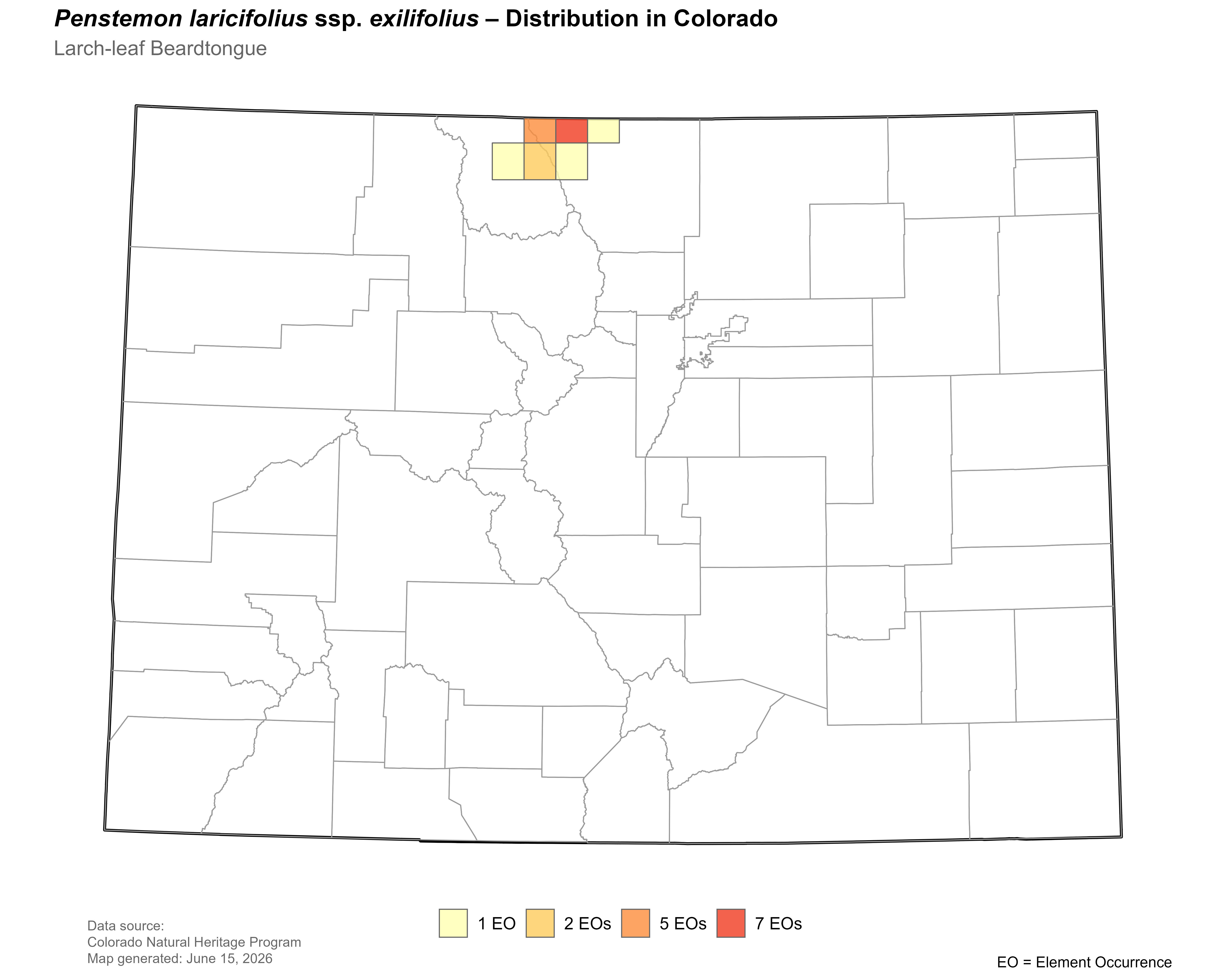 Distribution of <i>Penstemon laricifolius </i>ssp.<i> exilifolius</i> in Colorado.