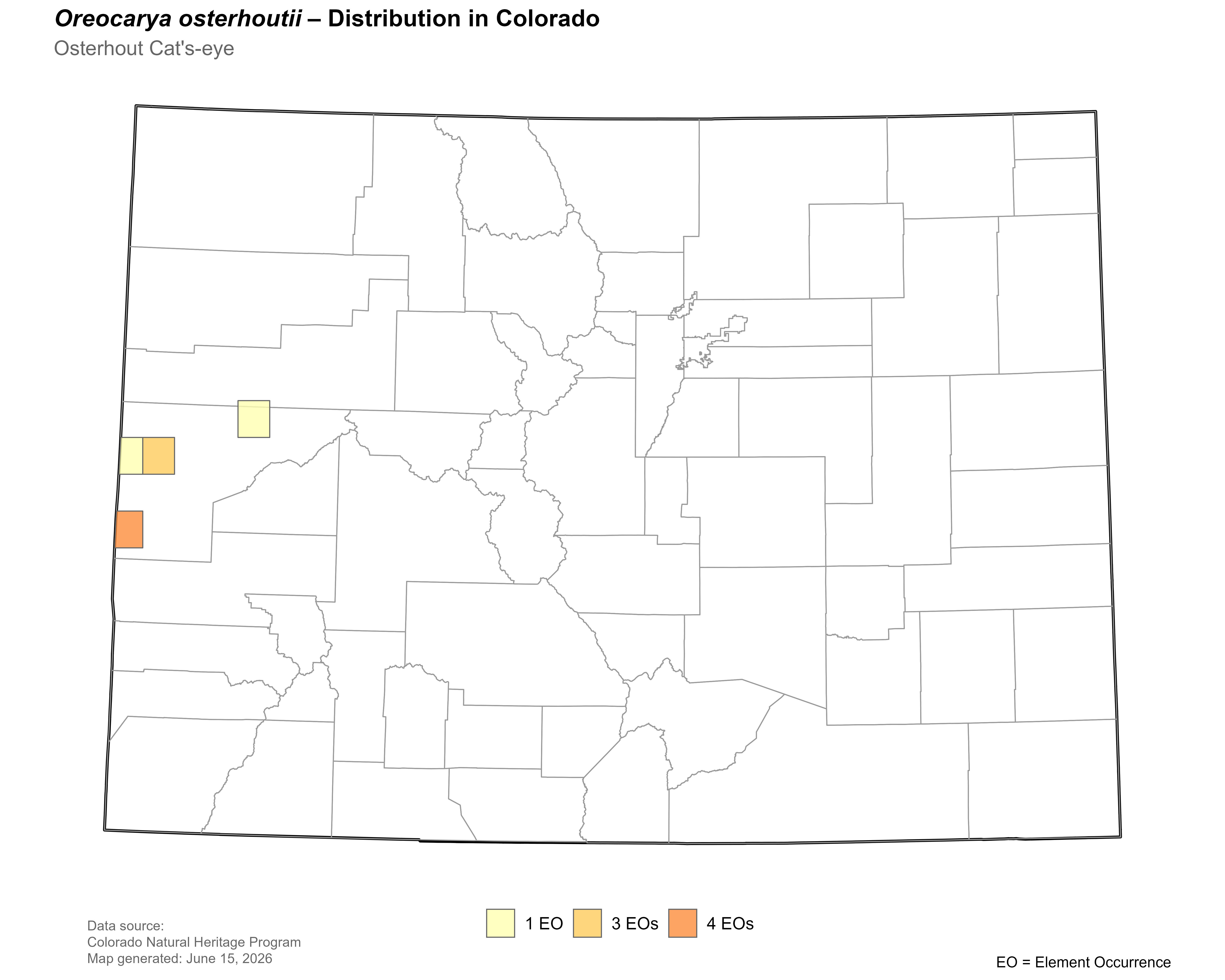 Distribution of<i> Oreocarya osterhoutii in </i>Colorado.