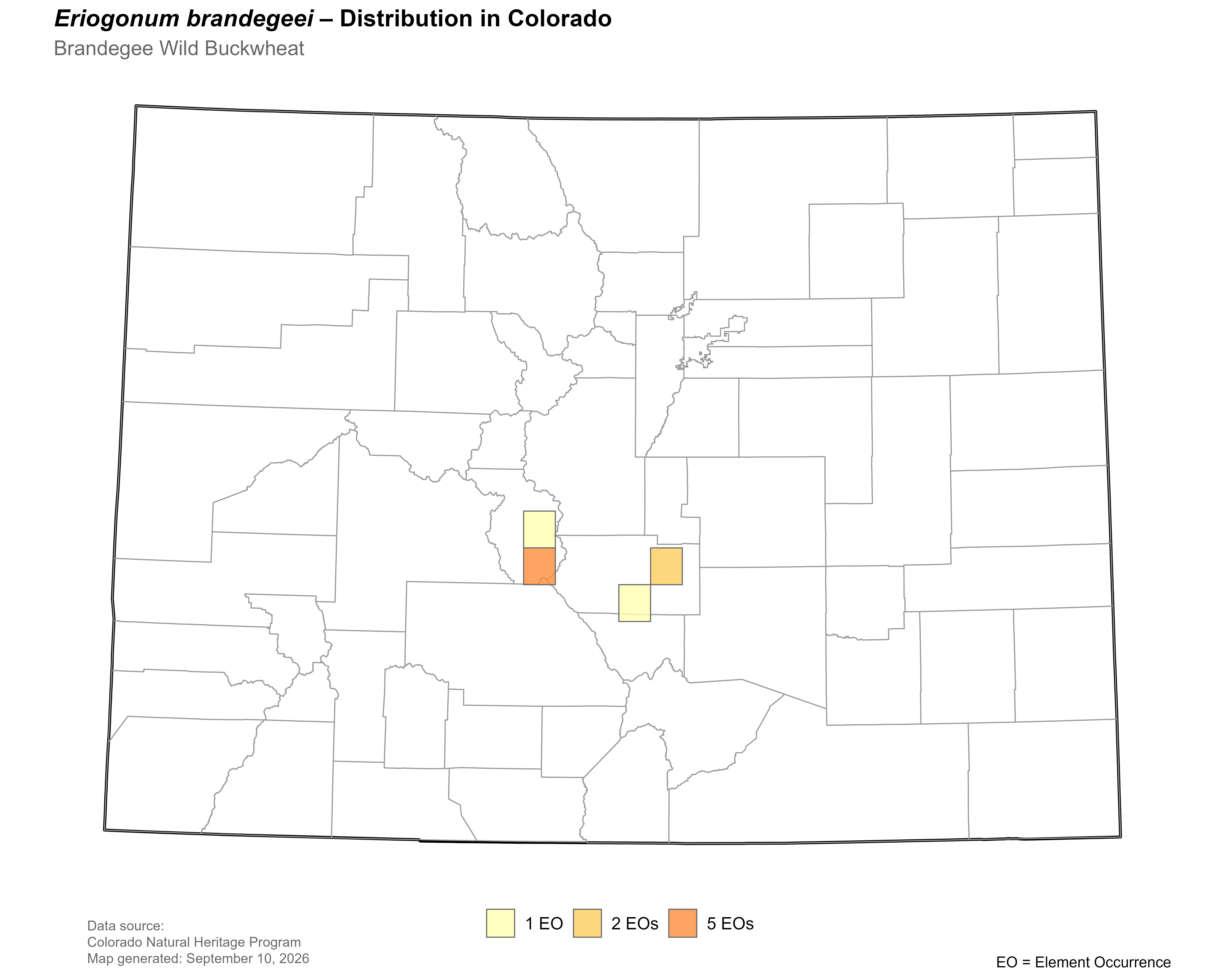 Distribution of <i>Eriogonum brandegeei</i> in Colorado.