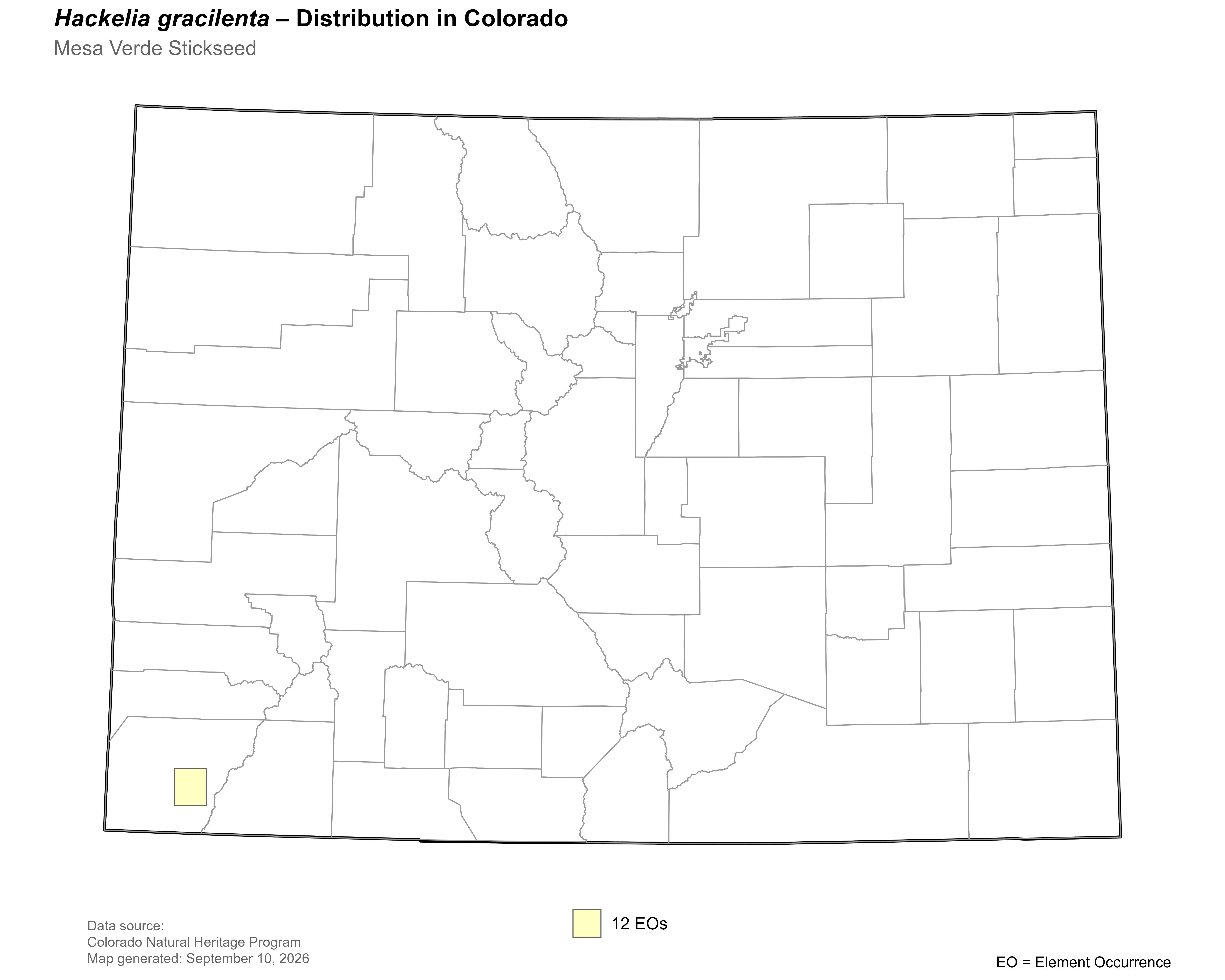 Distribution of <i>Hackelia gracilenta</i> in Colorado.