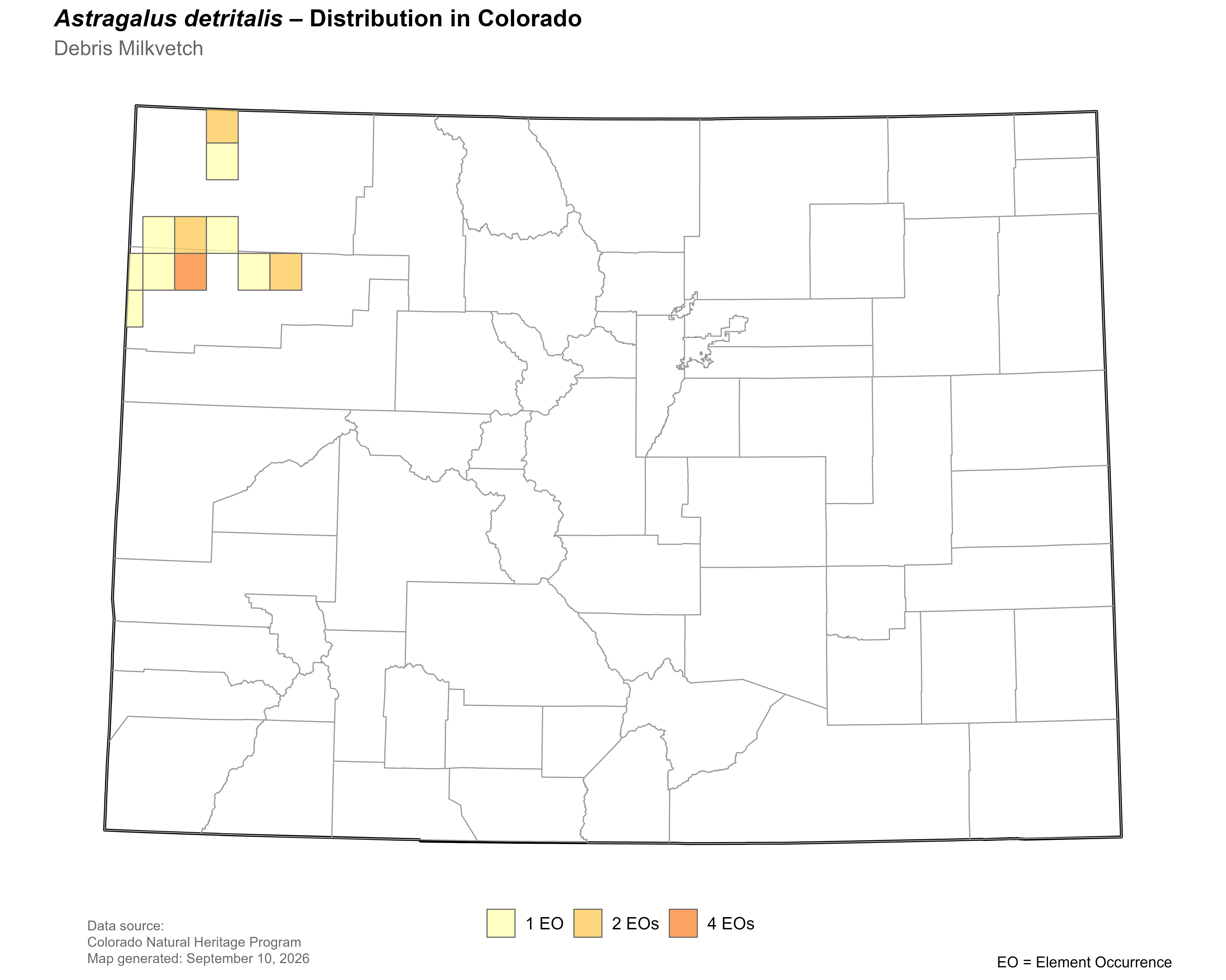 Distribution of<i> Astragalus detritalis</i> in Colorado.