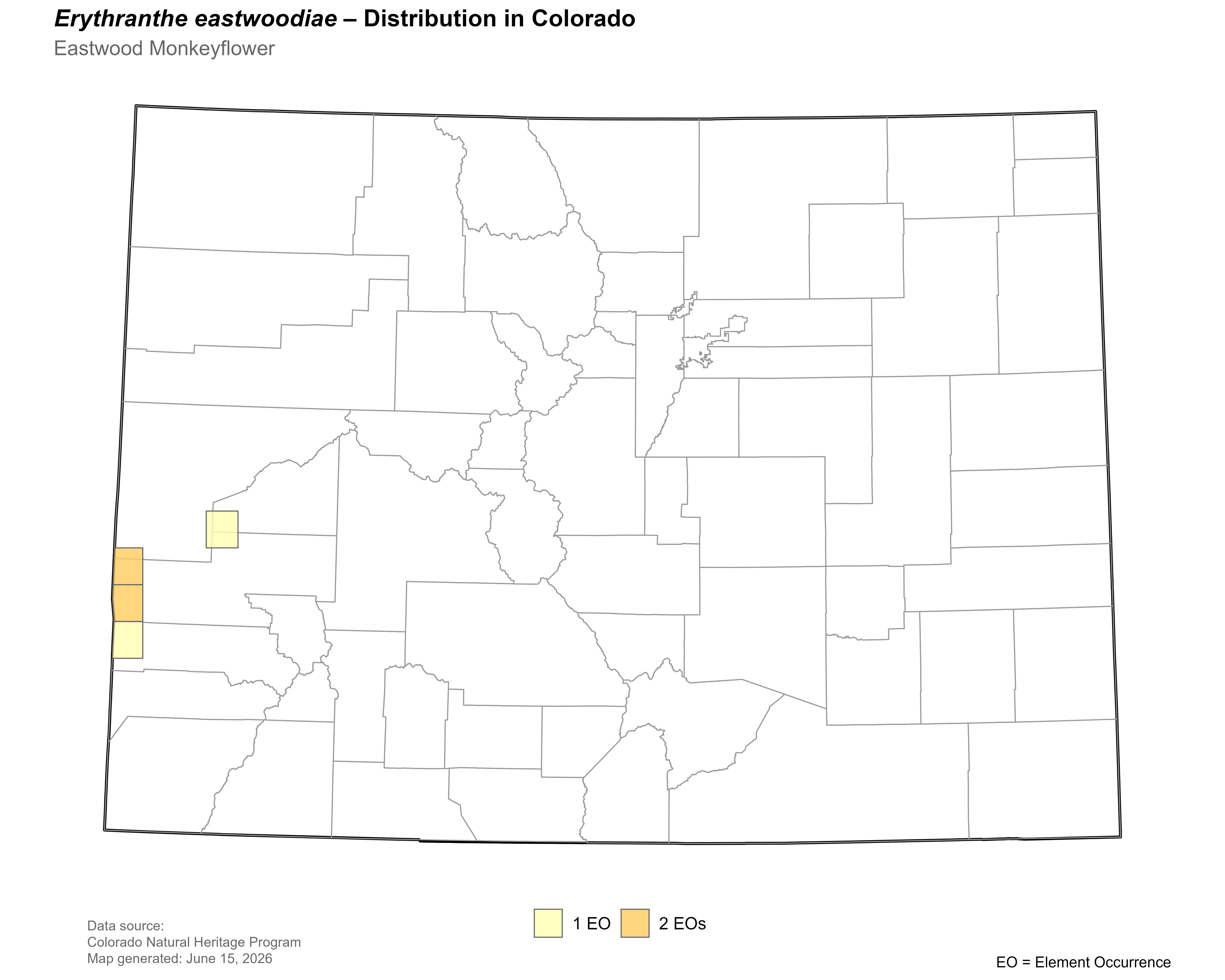 Distribution of <i>Mimulus</i> <i>eastwoodiae</i> in Colorado.