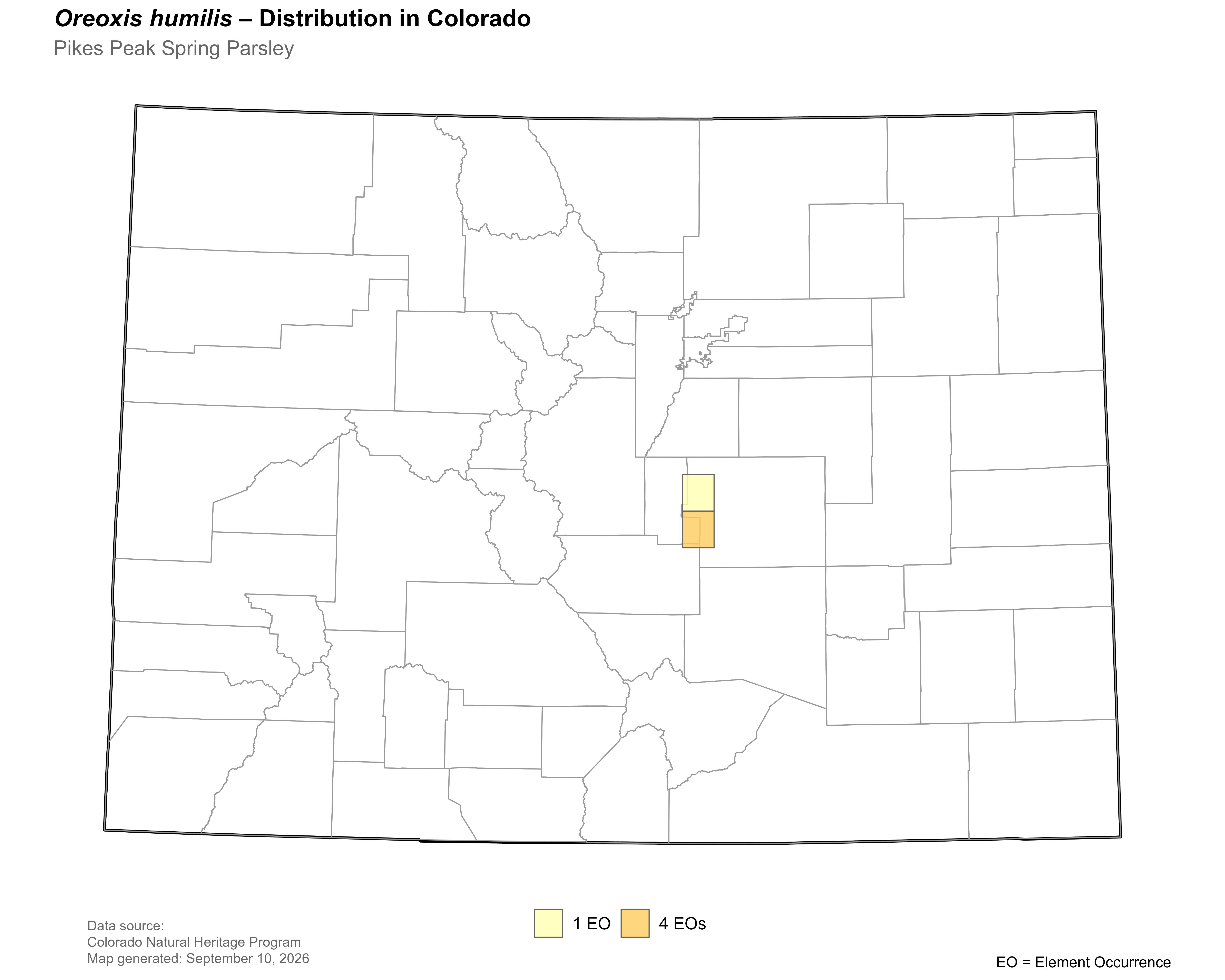 Distribution of <i>Oreoxis</i> <i>humilis</i> in Colorado.