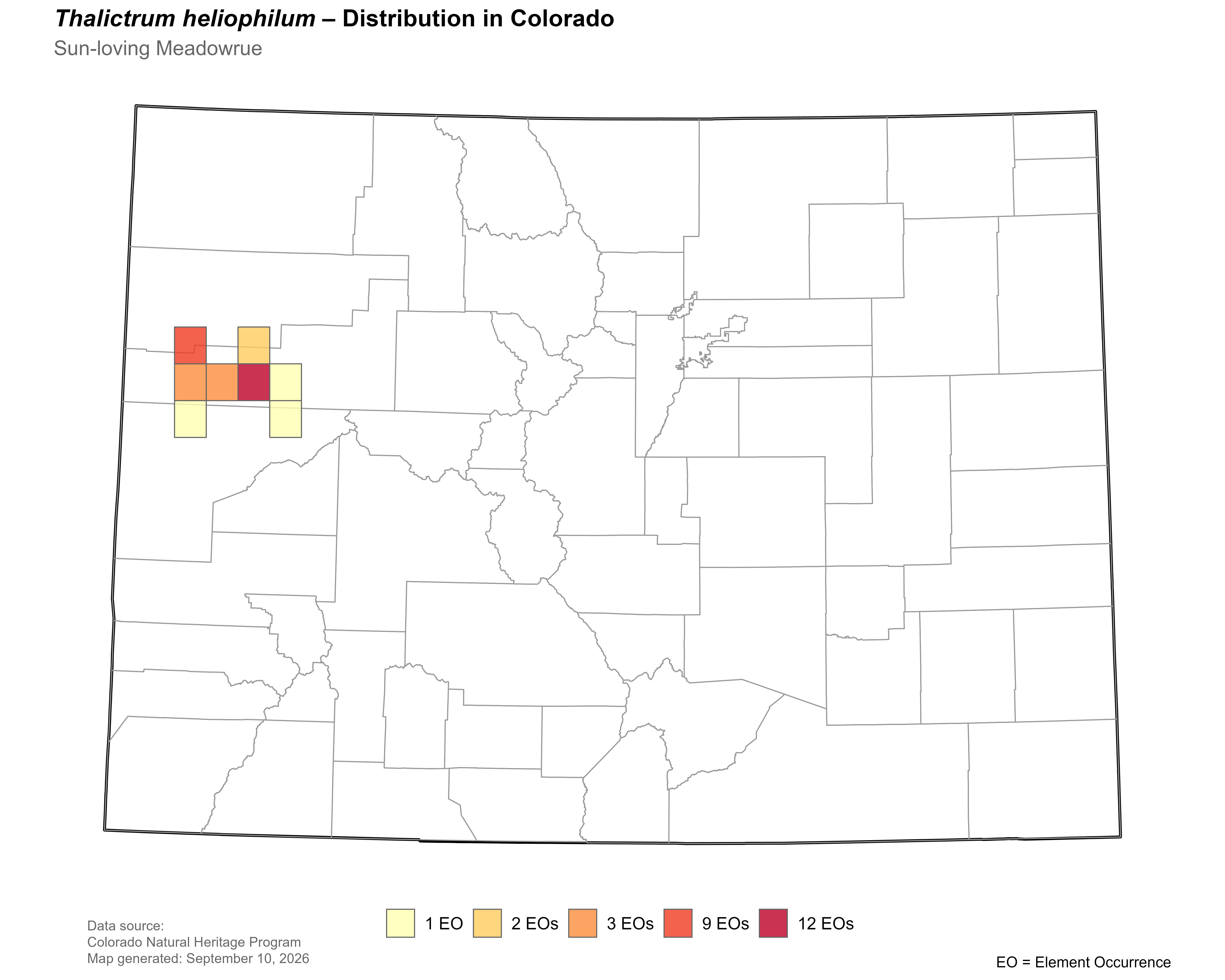 Distribution of <i>Thalictrum heliophilum</i> in Colorado.